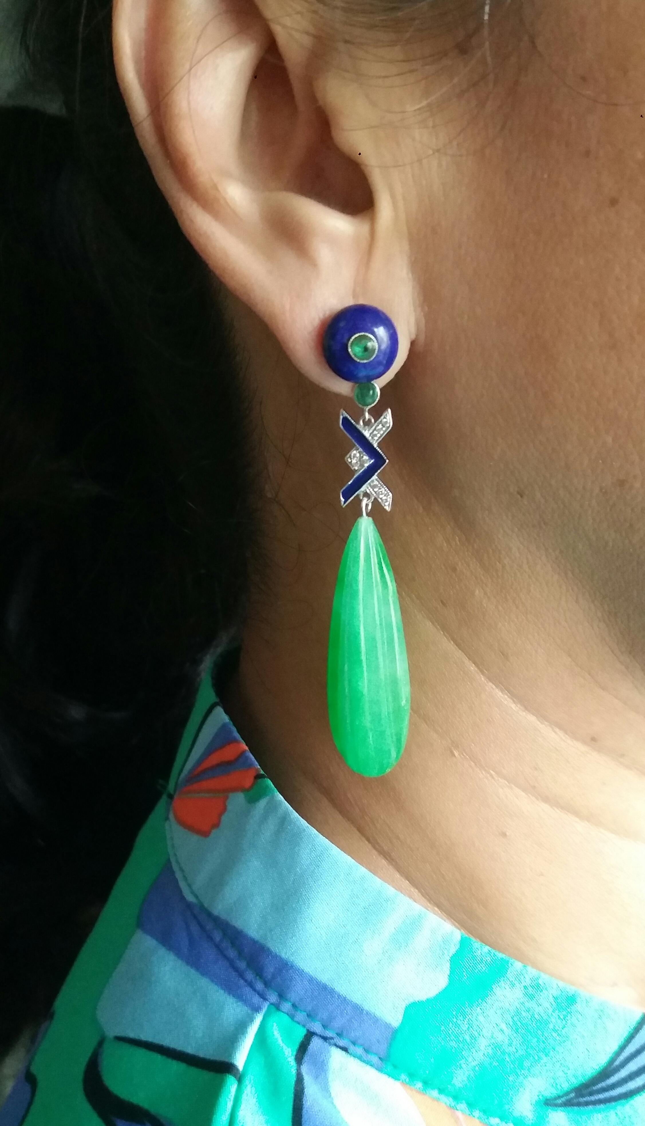 De las mujeres Pendientes Gota Lapislázuli Jade Oro Diamantes Esmeraldas Esmalte Azul Estilo Art Déco en venta