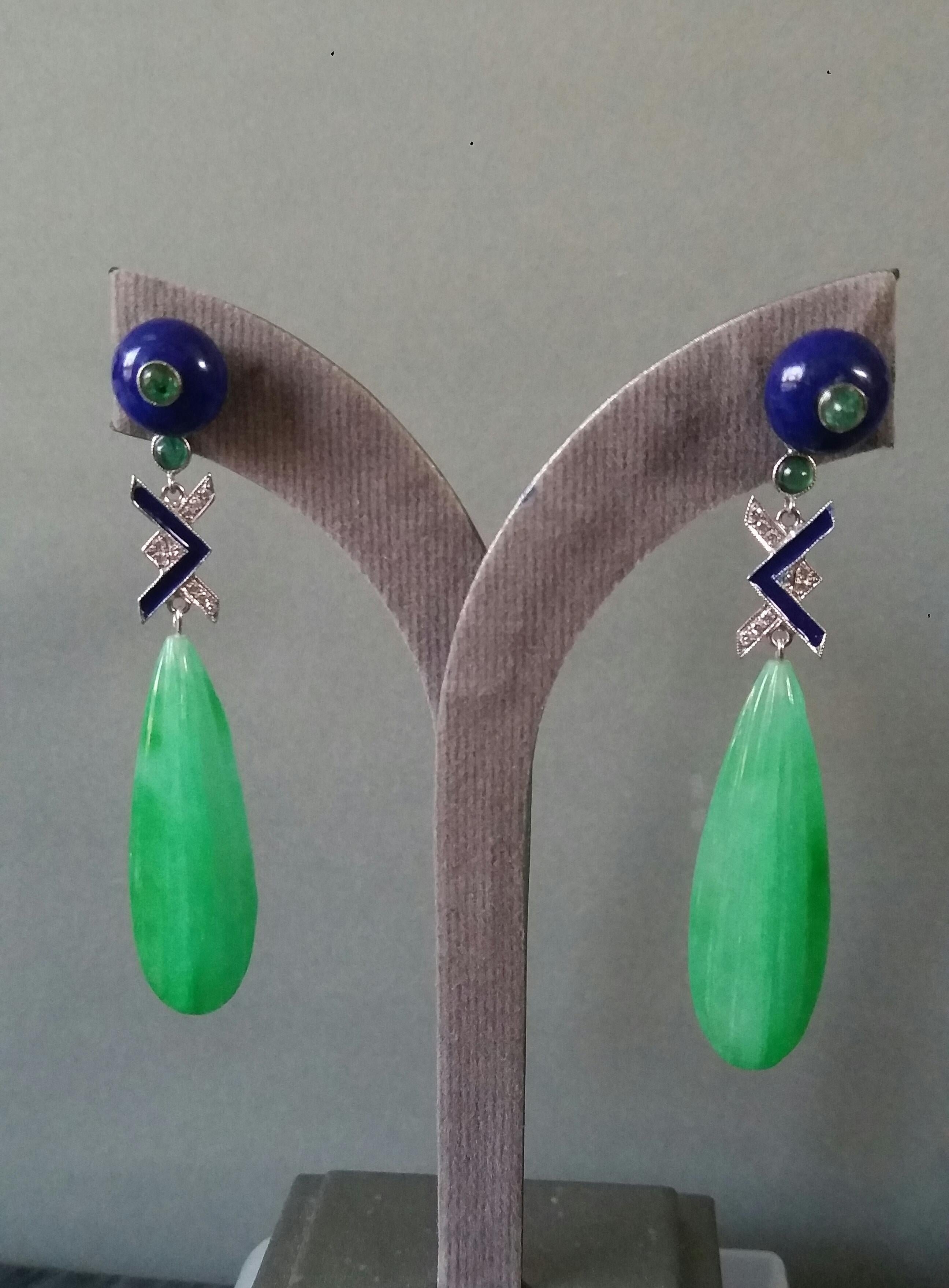 Art Deco Style LapisLazuli Jade Gold Diamonds Emeralds Blue Enamel Drop Earrings For Sale 2