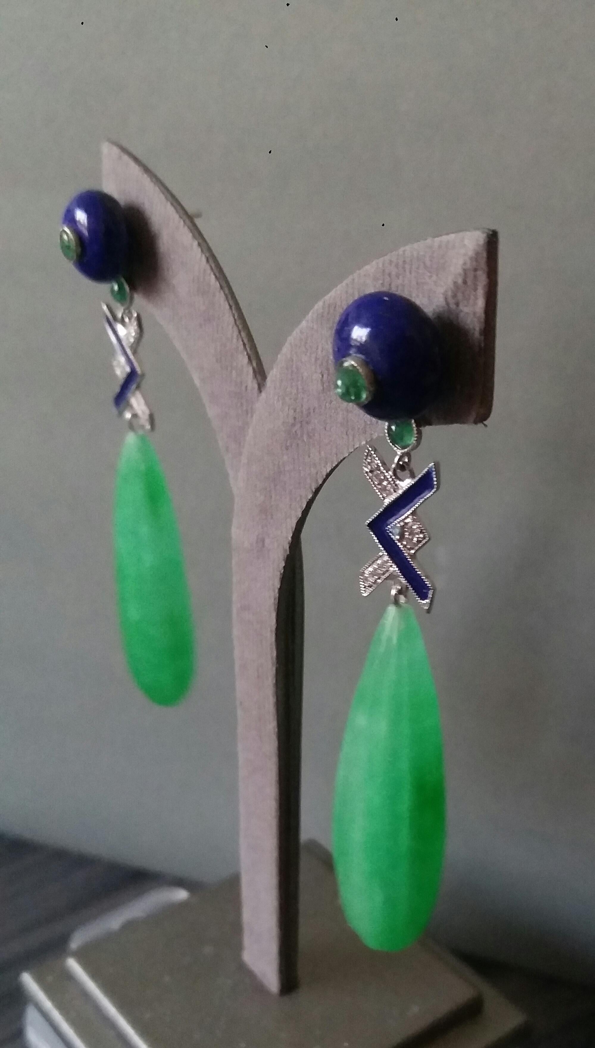 Art Deco Style LapisLazuli Jade Gold Diamonds Emeralds Blue Enamel Drop Earrings For Sale 3