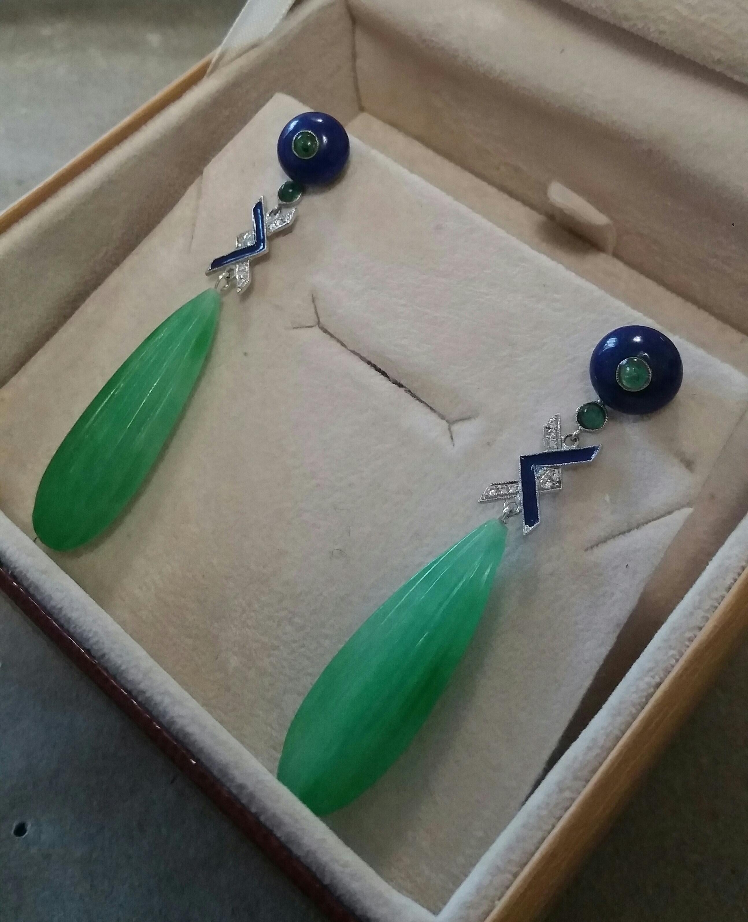 Art Deco Style LapisLazuli Jade Gold Diamonds Emeralds Blue Enamel Drop Earrings For Sale 4