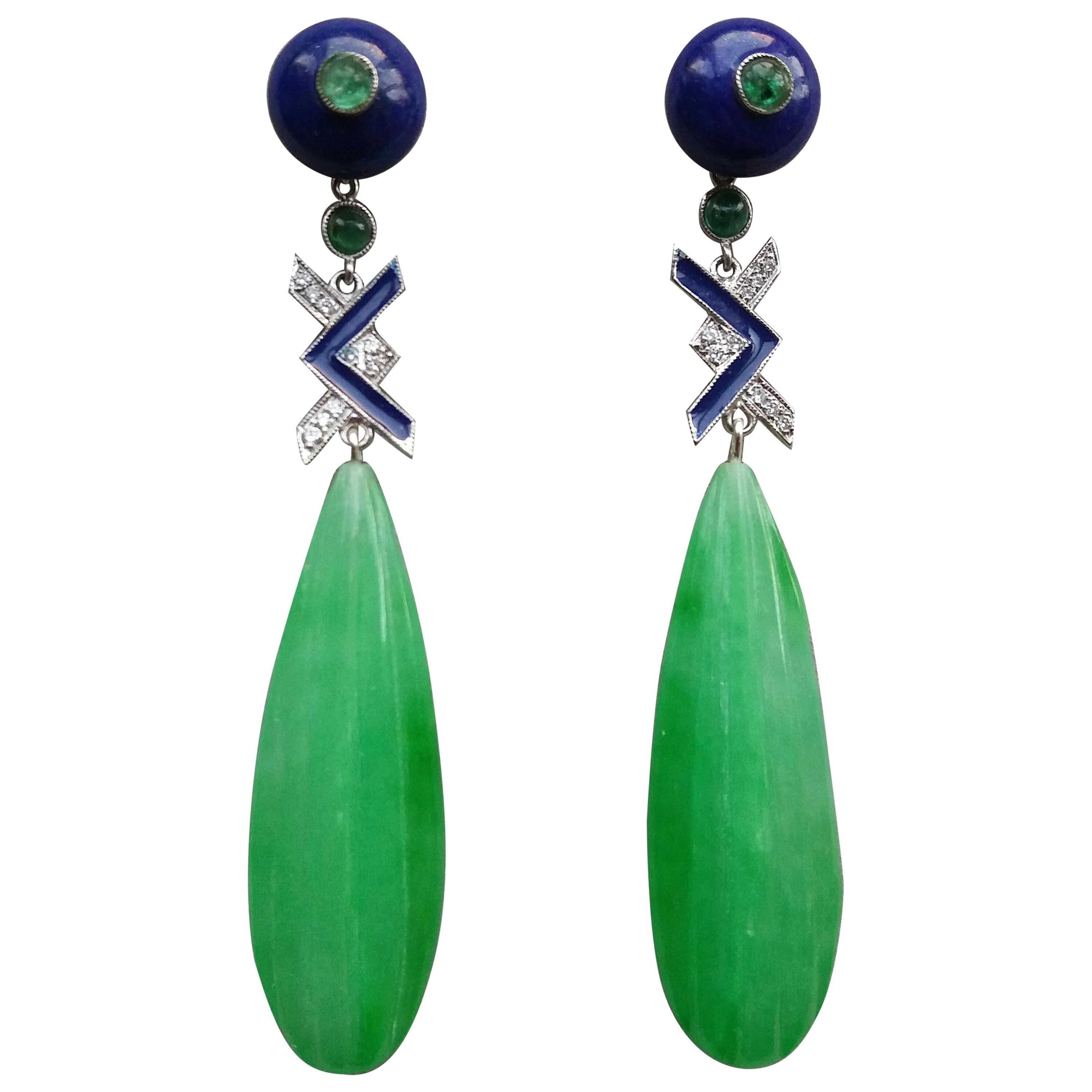 Pendientes Gota Lapislázuli Jade Oro Diamantes Esmeraldas Esmalte Azul Estilo Art Déco en venta