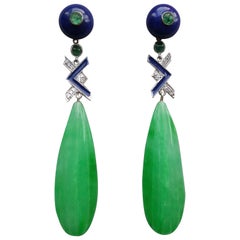 Pendants d'oreilles de style Art déco en or, lapis-lazuli, jade, diamants, émeraudes et émail bleu