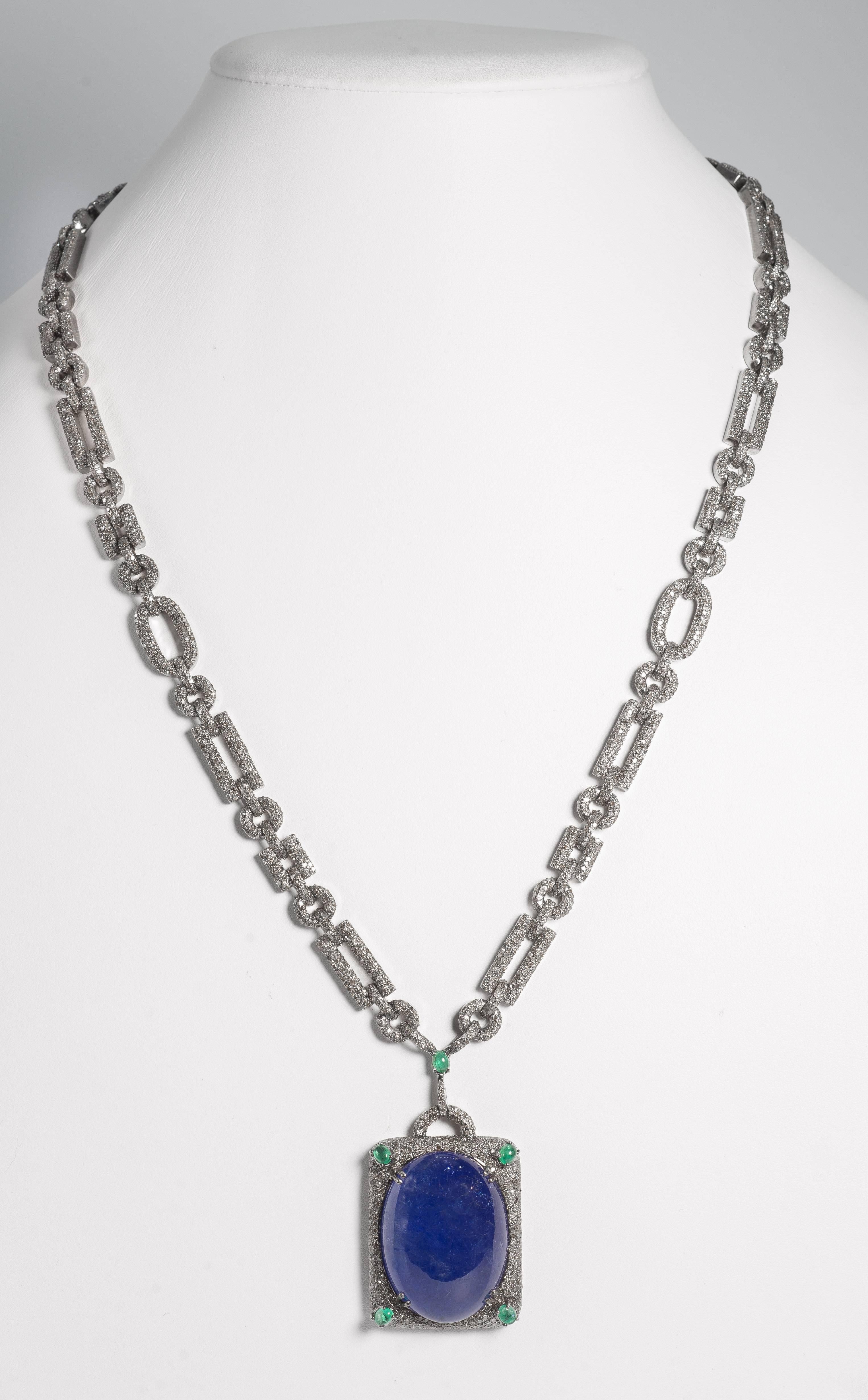 Women's or Men's Art Deco Style Large 105 Carat Cabochon Tanzanite Diamond Emerald Long Necklace