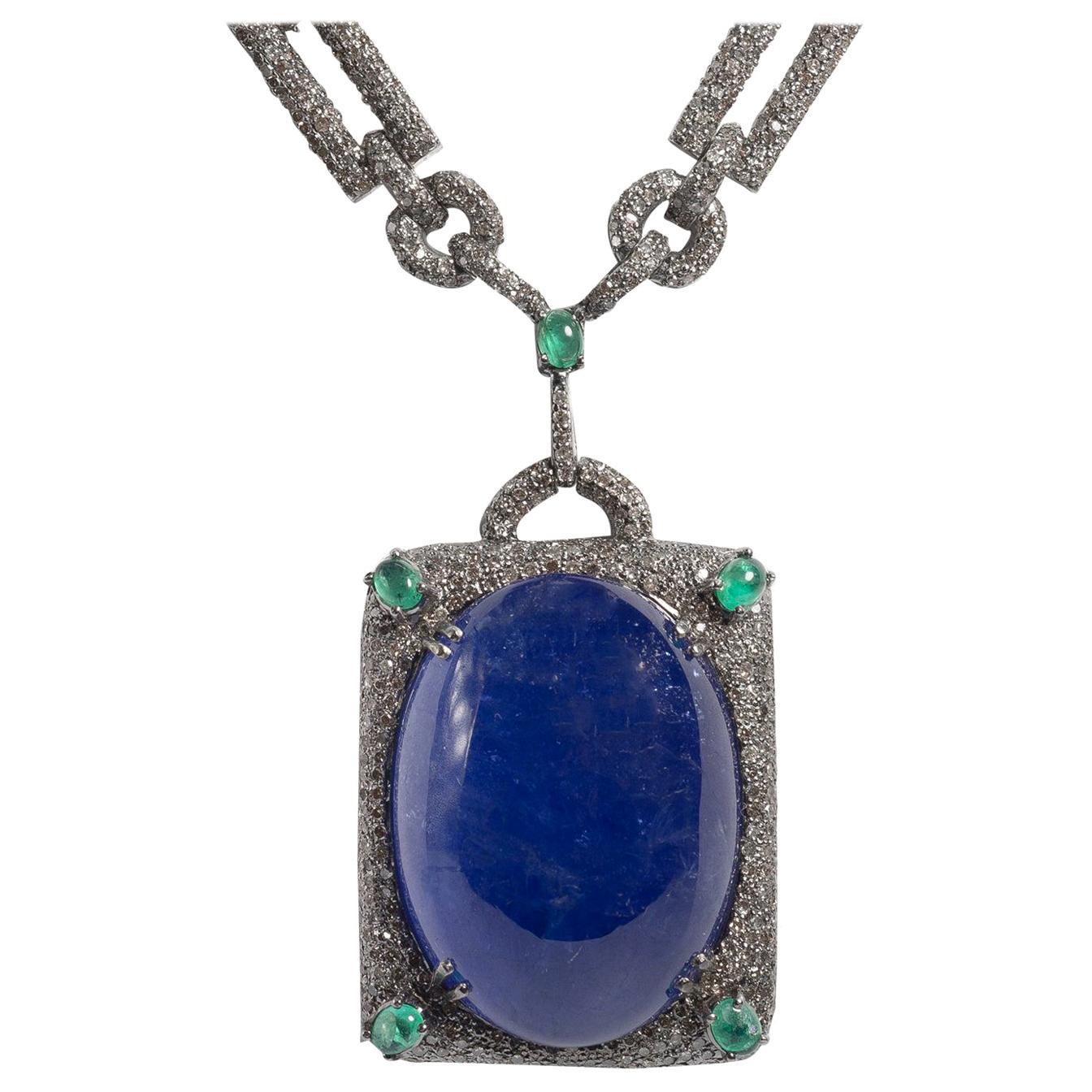 Art Deco Style Large 105 Carat Cabochon Tanzanite Diamond Emerald Long Necklace