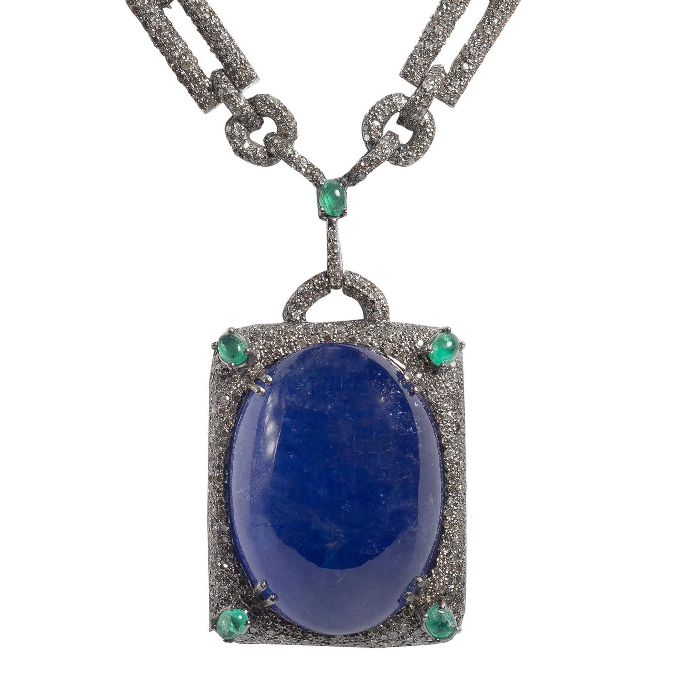 Art Deco Style Large 105 Carat Cabochon Tanzanite Diamond Emerald Long Necklace 