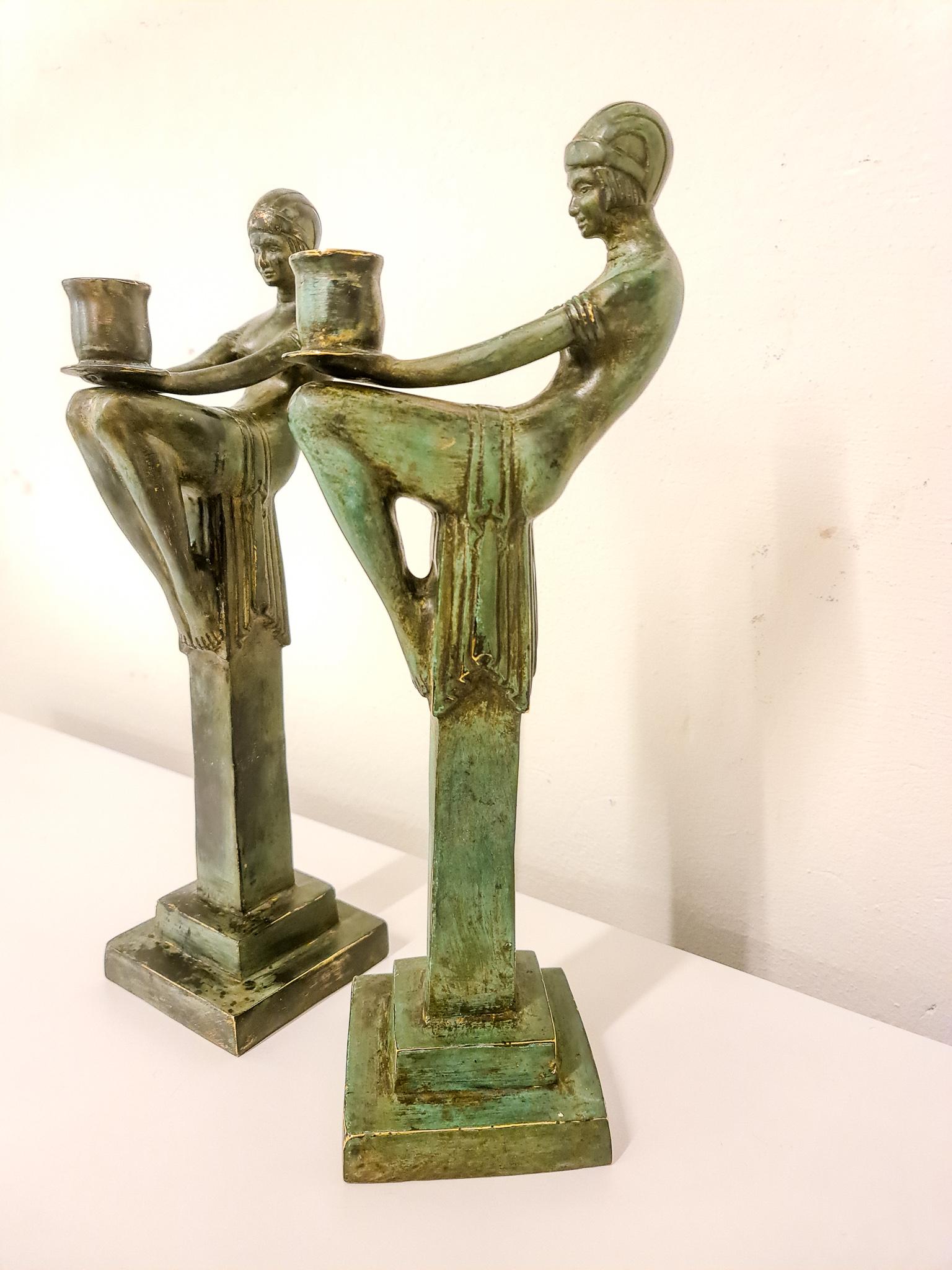 Late 20th Century Art Deco Style Large Bronze Candleholders, Sweden, 1990s