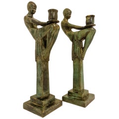 Art Deco Style Large Bronze Candleholders, Sweden, 1990s