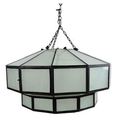 Art Deco Style Large Circular White Milk Glass & Bronze Pendant, Chandelier