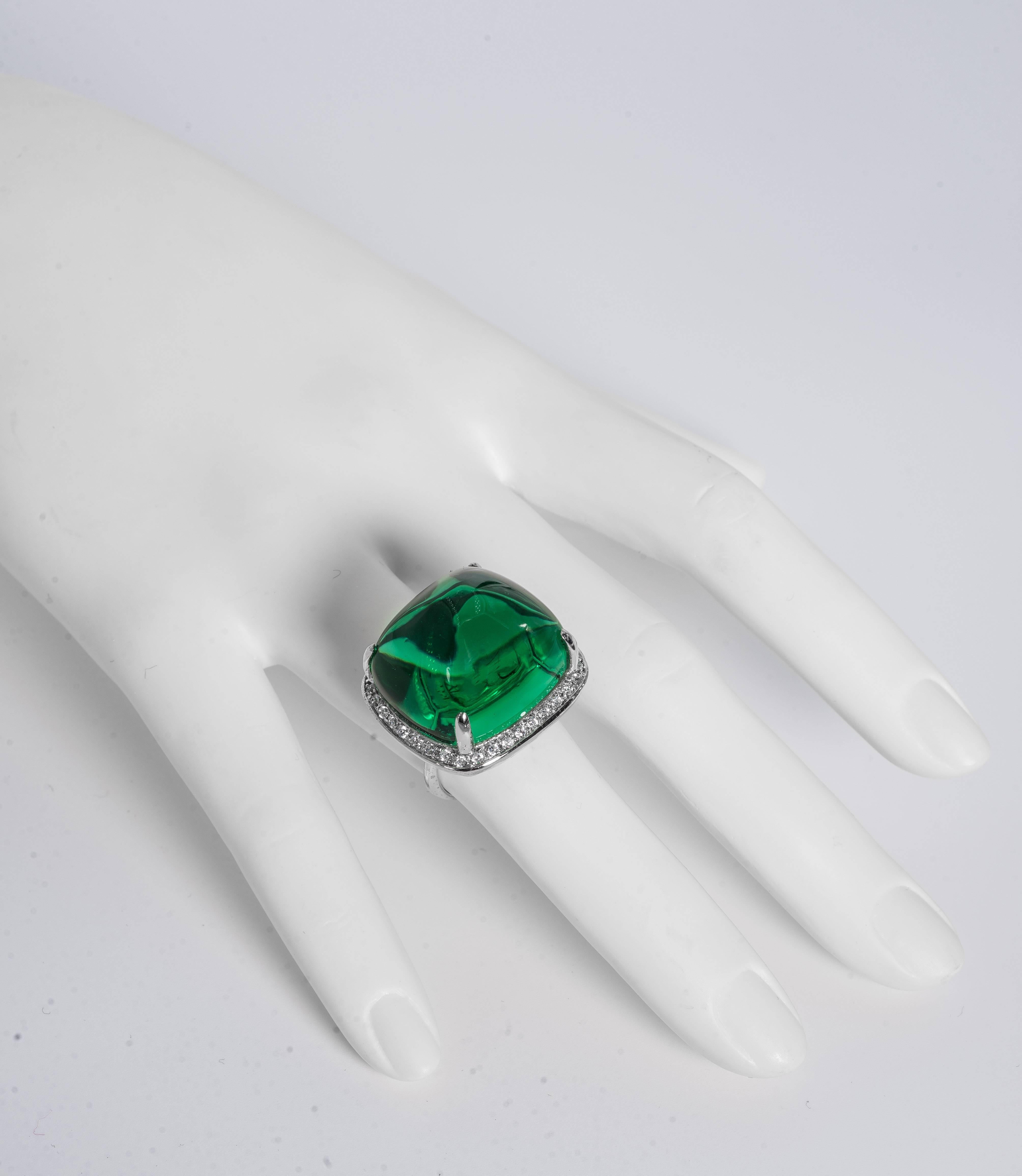 Synthetic Collection large faux 40 carat cabochon emerald diamond ring. The fabulous faux French cut pyramid cabochon has the look of 40 carats.