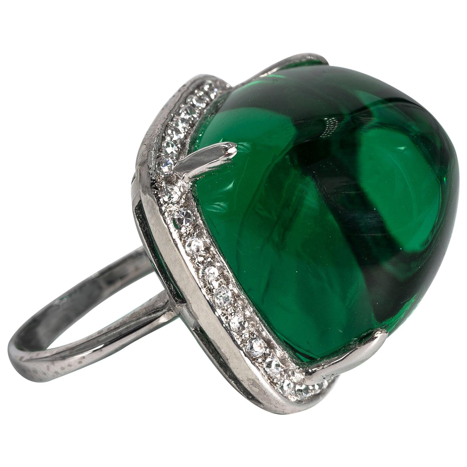 Costume Jewelry On Sale!!! Art Deco Style Large Cabochon Emerald CZ Ring