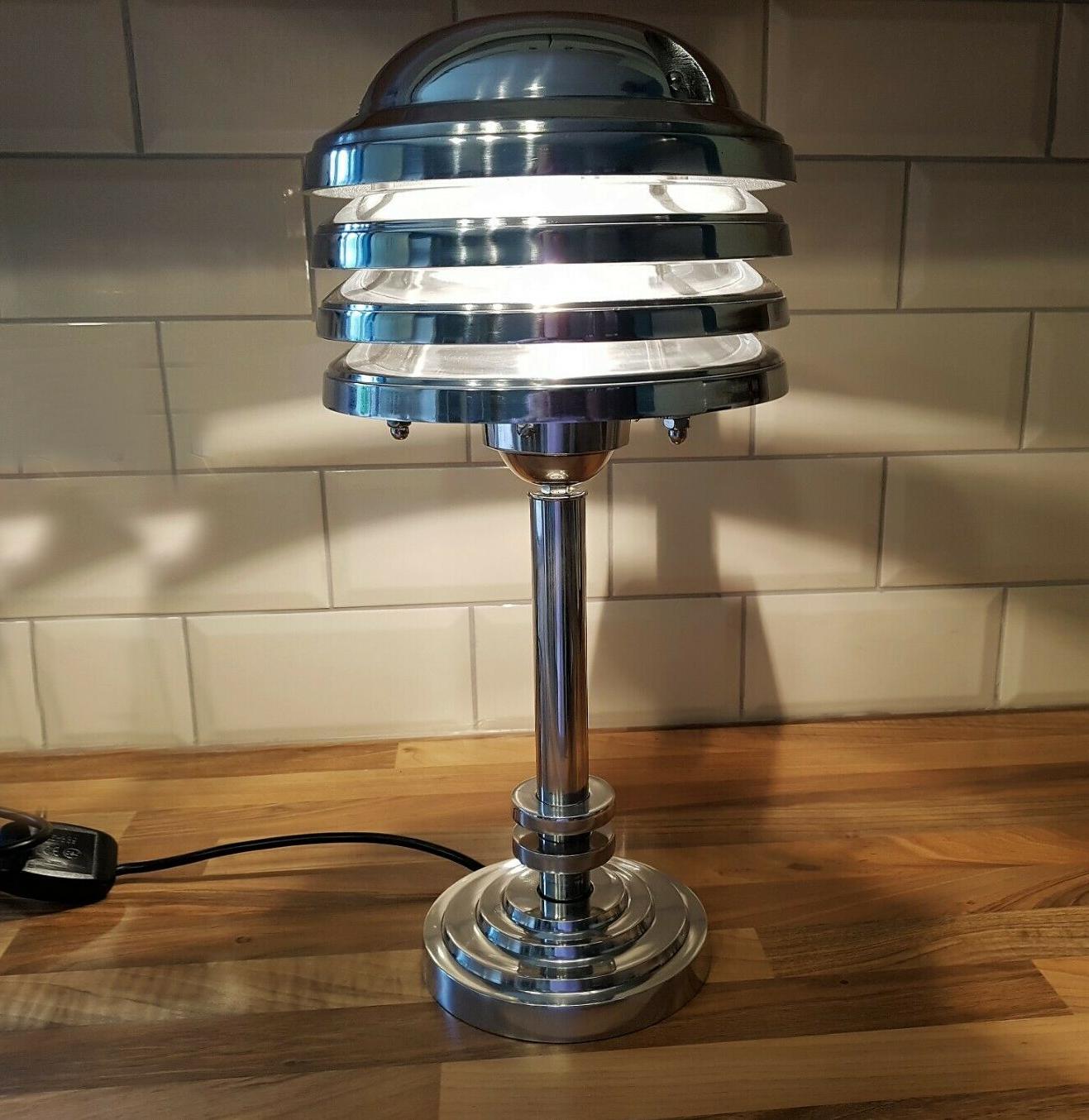 This is a perfect opportunity to acquire a pair if unique Machine Age table lamps, not mass produced these are handmade and hand polished to a very high standard in the UK of very small quantity ( less than 15 ), cast in solid aluminum. Very weighty