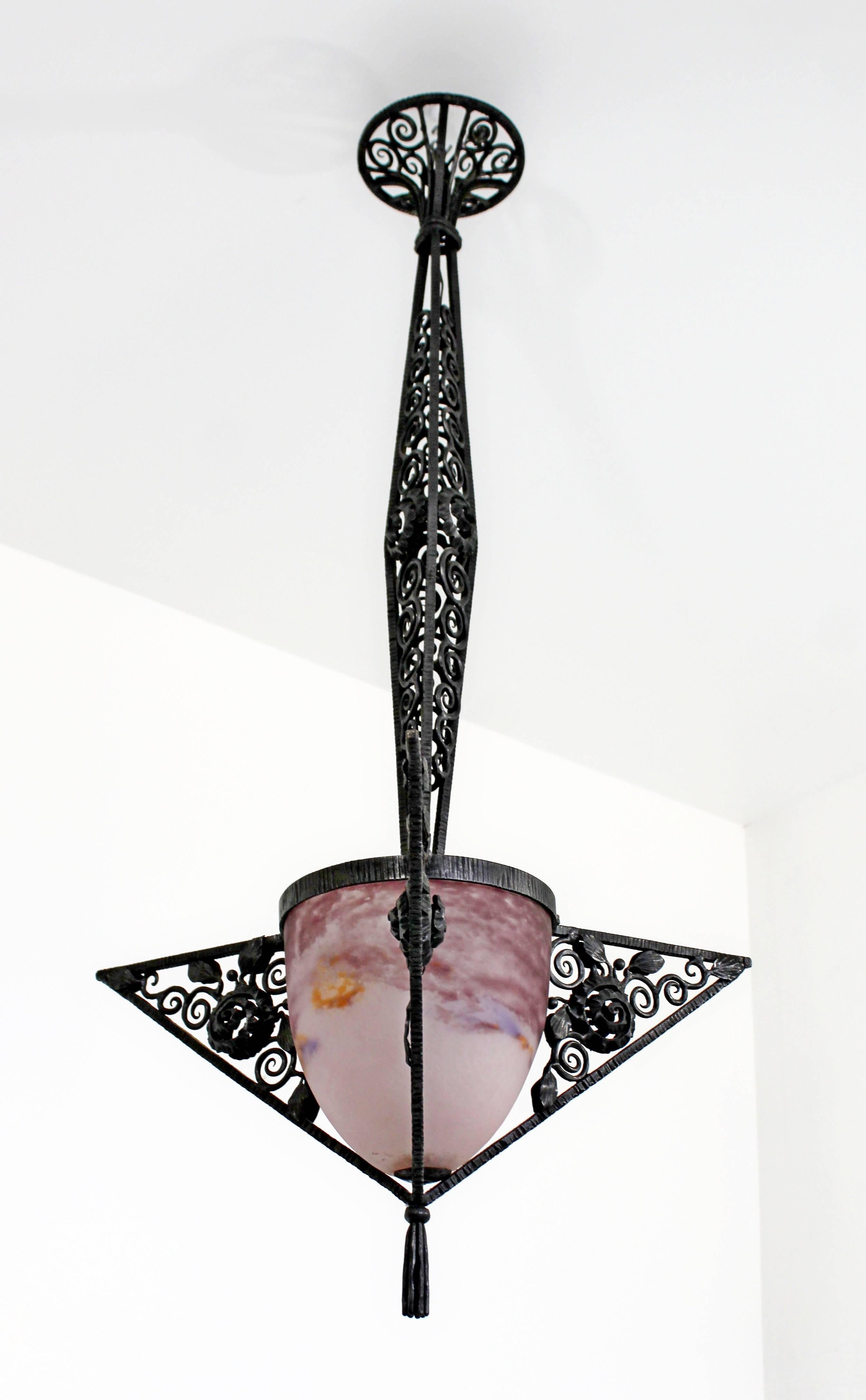 Art Deco Style Large Wrought Iron Purple Glass Hanging Light Fixture Chandelier In Good Condition In Keego Harbor, MI