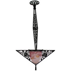 Art Deco Style Large Wrought Iron Purple Glass Hanging Light Fixture Chandelier