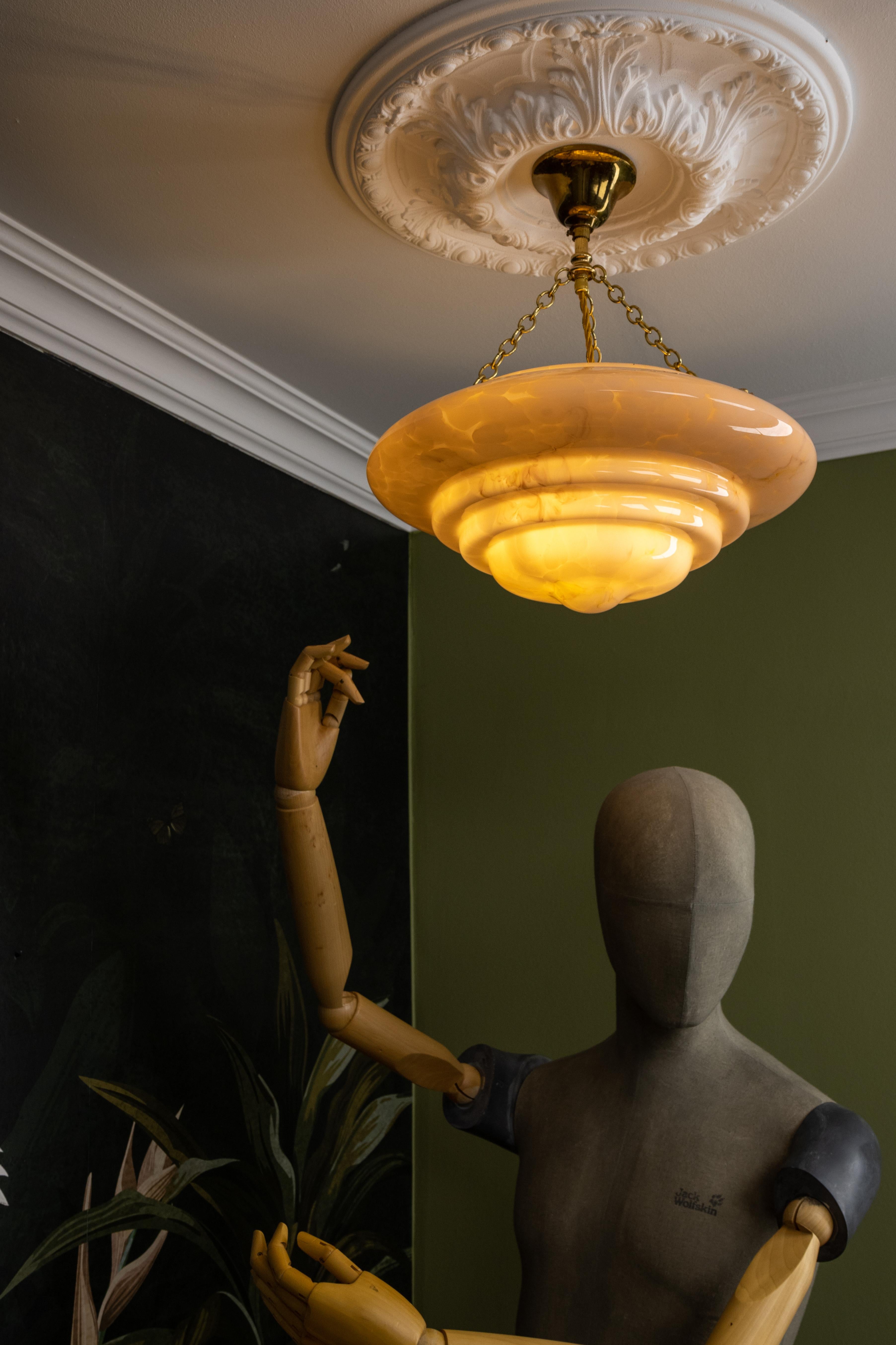 Art Deco Style Layered Marbled Beige Pink Glass and Brass Pendant Light 4