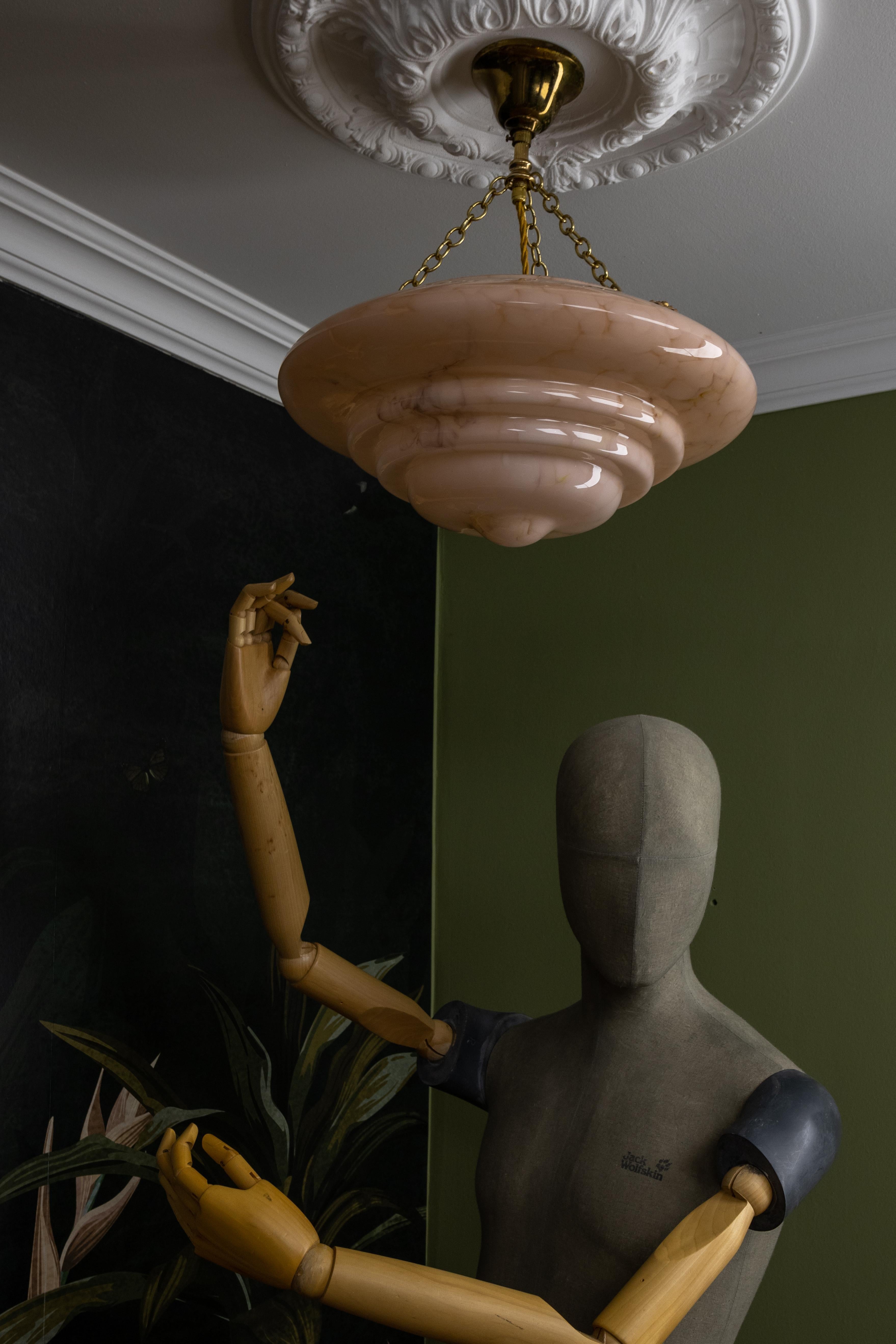 Art Deco Style Layered Marbled Beige Pink Glass and Brass Pendant Light 5