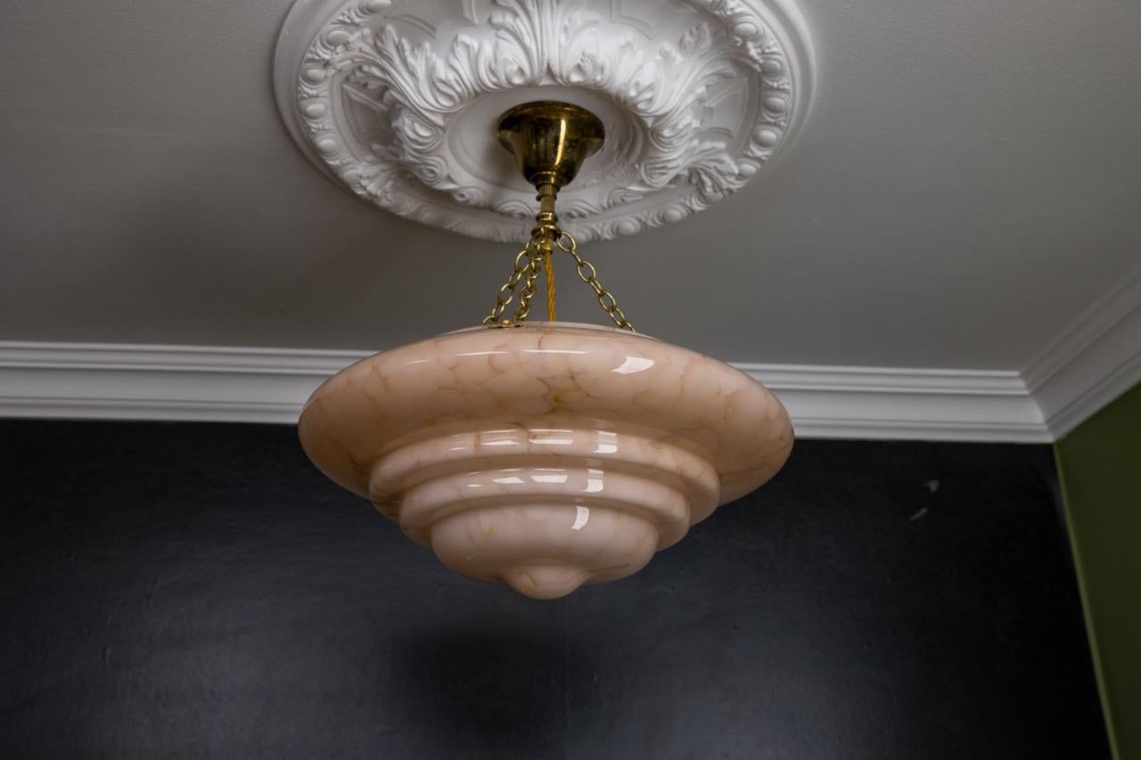 Art Deco Style Layered Marbled Beige Pink Glass and Brass Pendant Light 6
