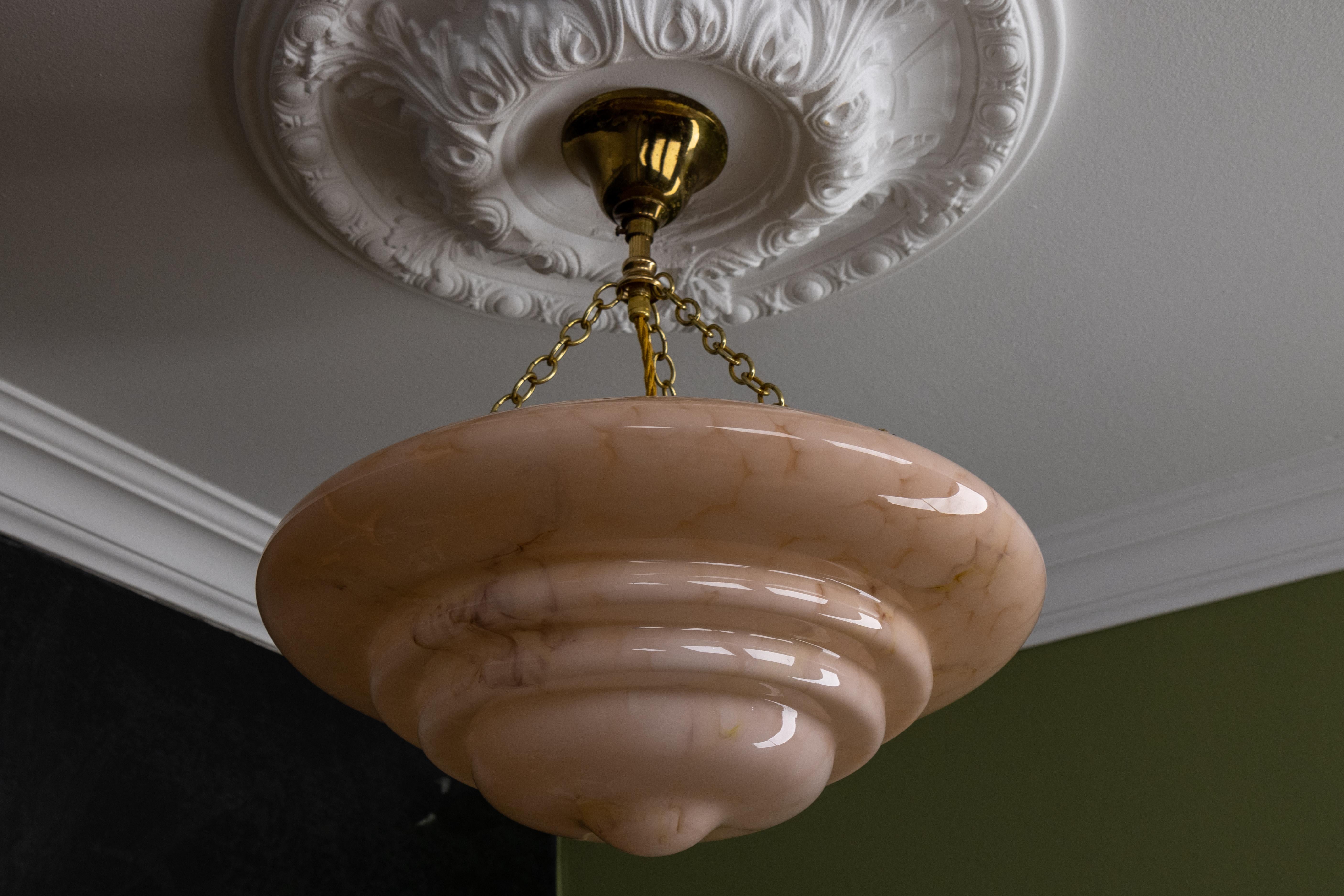 Art Deco Style Layered Marbled Beige Pink Glass and Brass Pendant Light 7