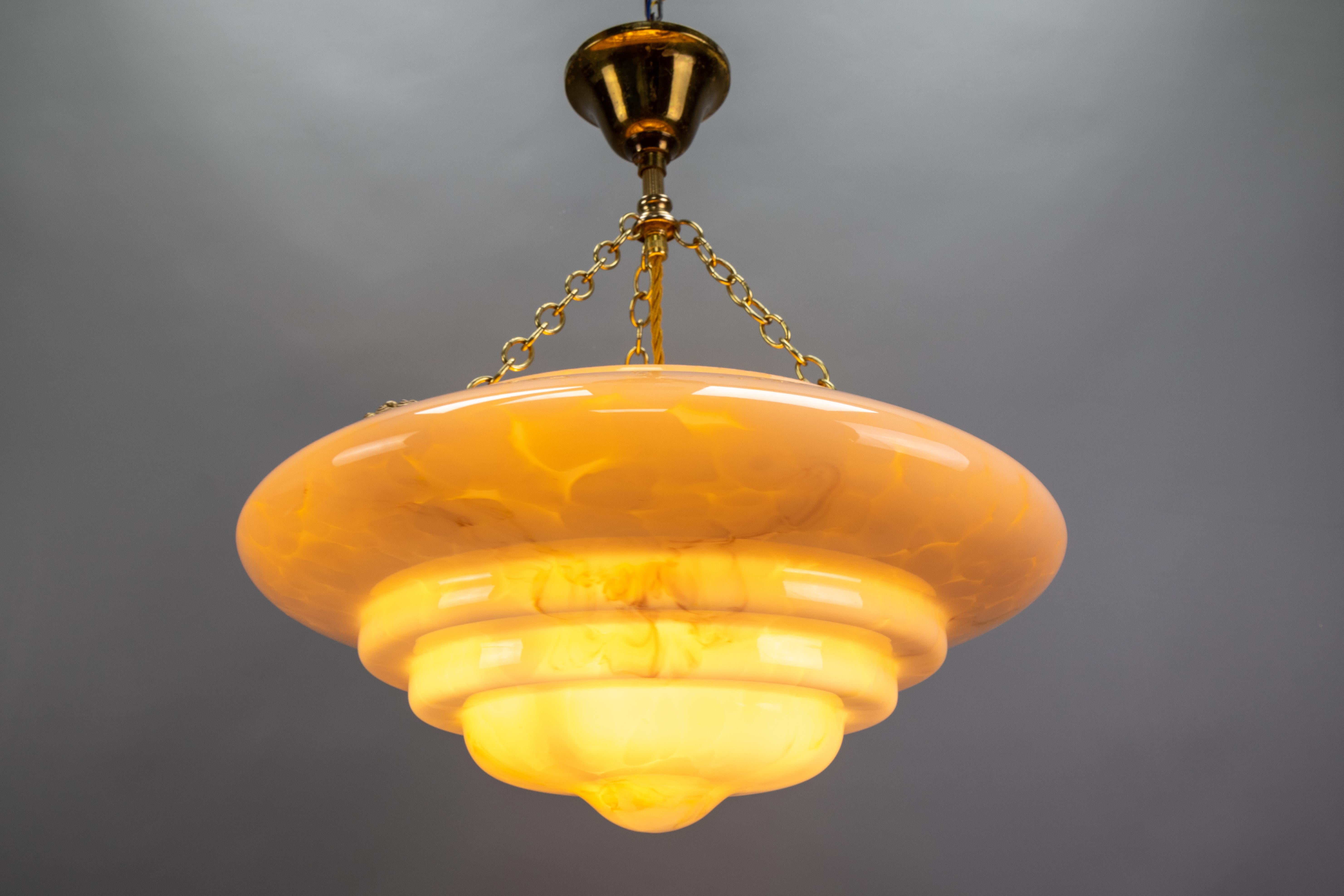 Art Deco Style Layered Marbled Beige Pink Glass and Brass Pendant Light 8