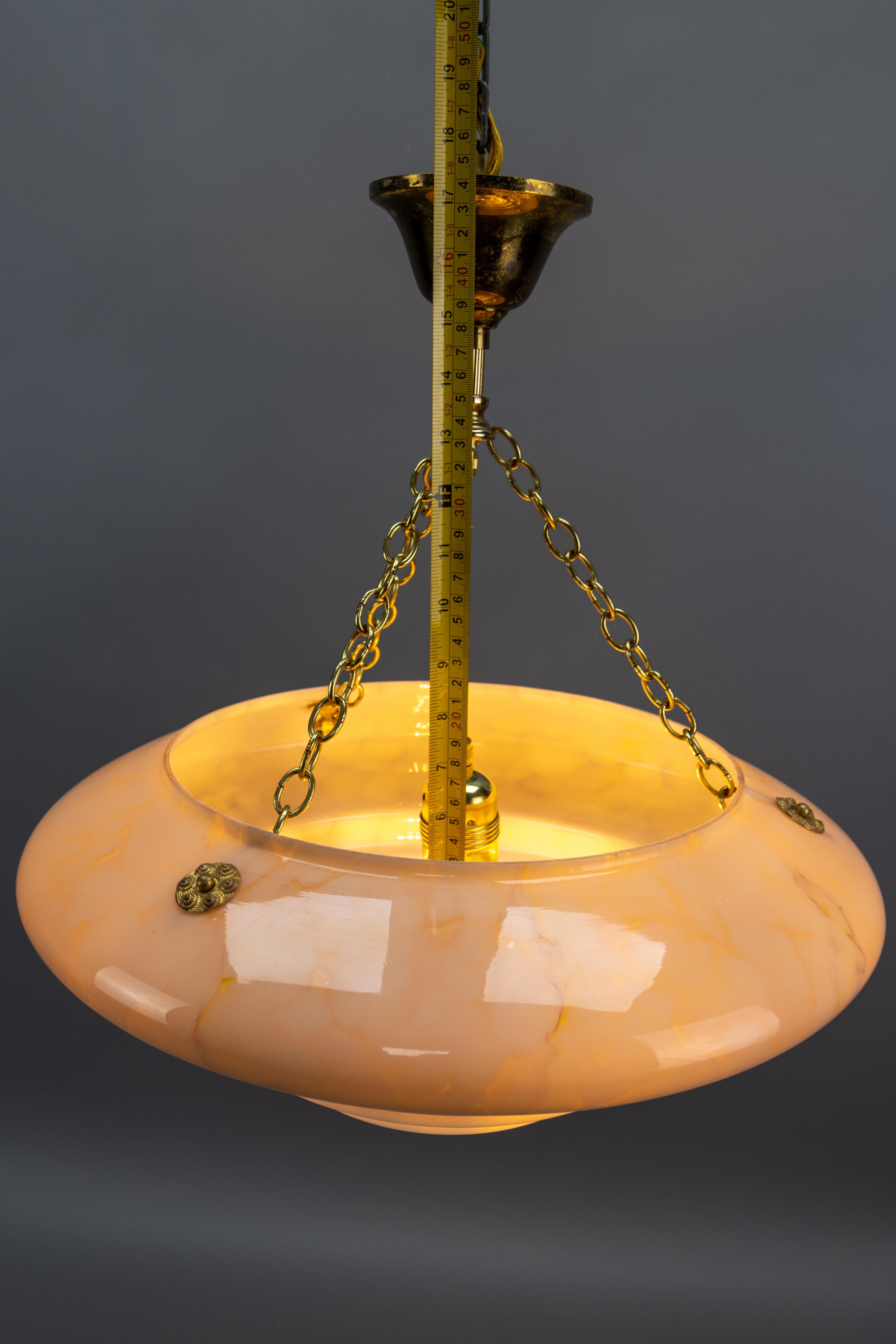 Art Deco Style Layered Marbled Beige Pink Glass and Brass Pendant Light 11