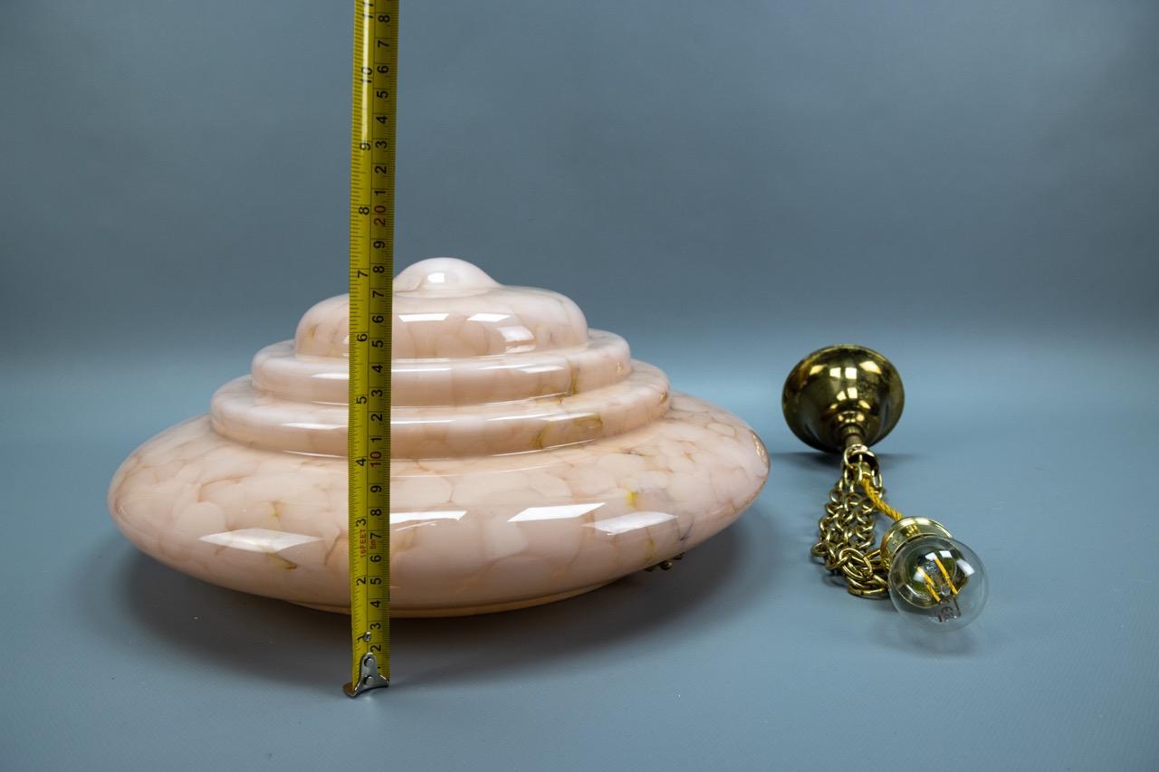 Art Deco Style Layered Marbled Beige Pink Glass and Brass Pendant Light 13