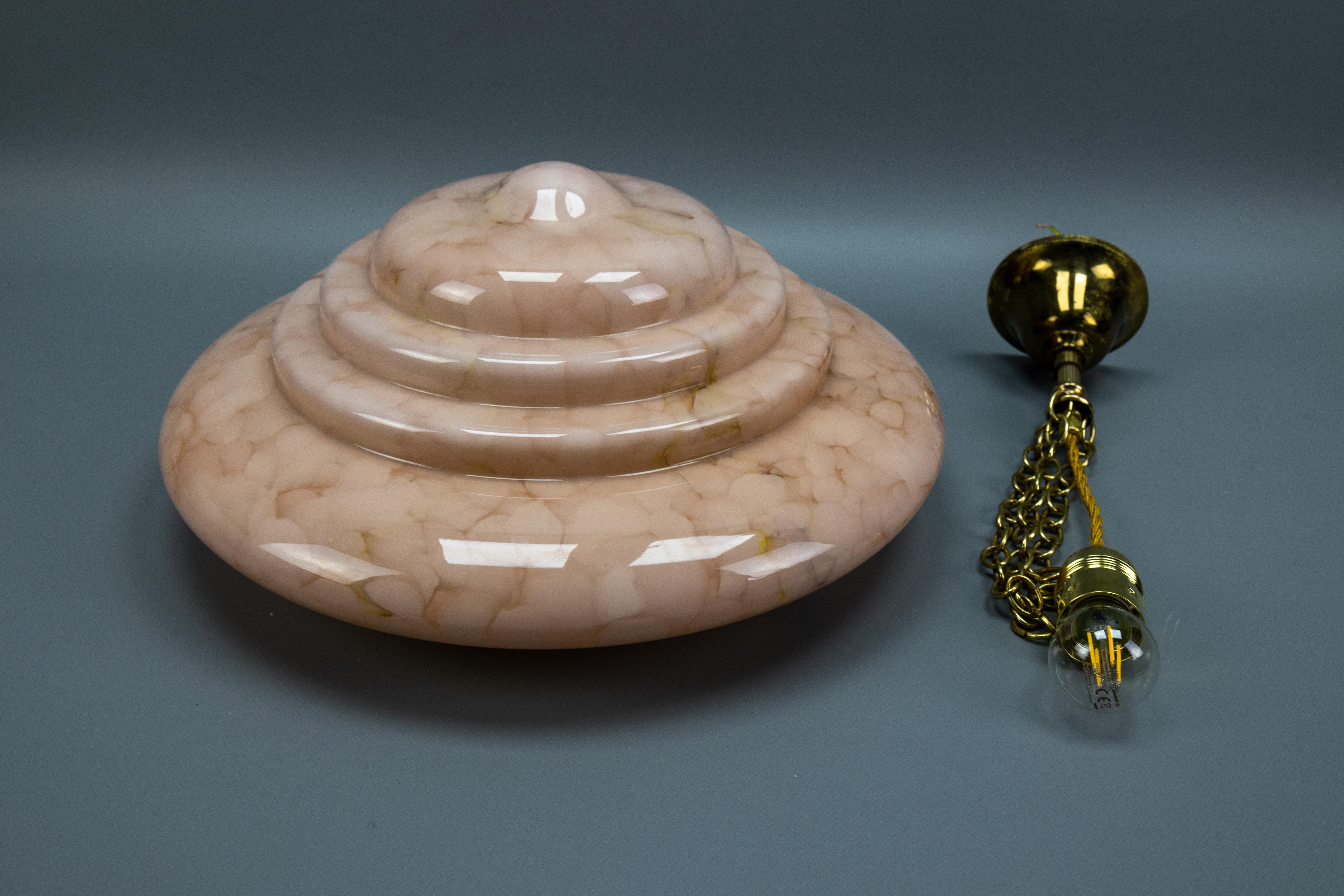 Art Deco Style Layered Marbled Beige Pink Glass and Brass Pendant Light 14