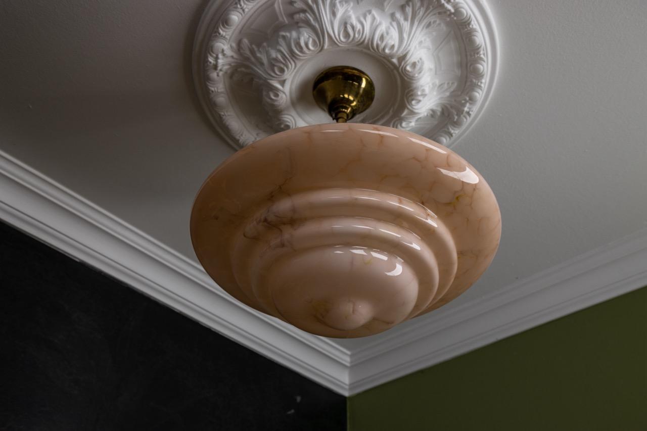 Metal Art Deco Style Layered Marbled Beige Pink Glass and Brass Pendant Light