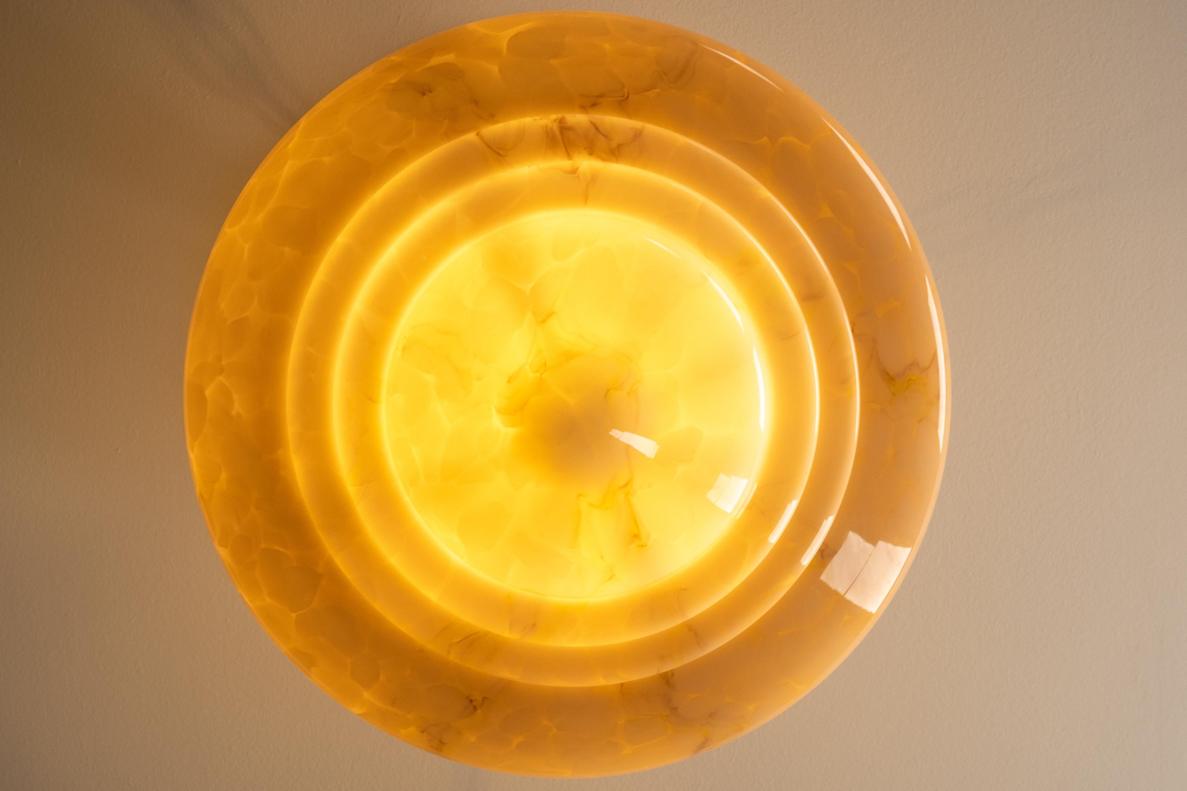 Art Deco Style Layered Marbled Beige Pink Glass and Brass Pendant Light 2