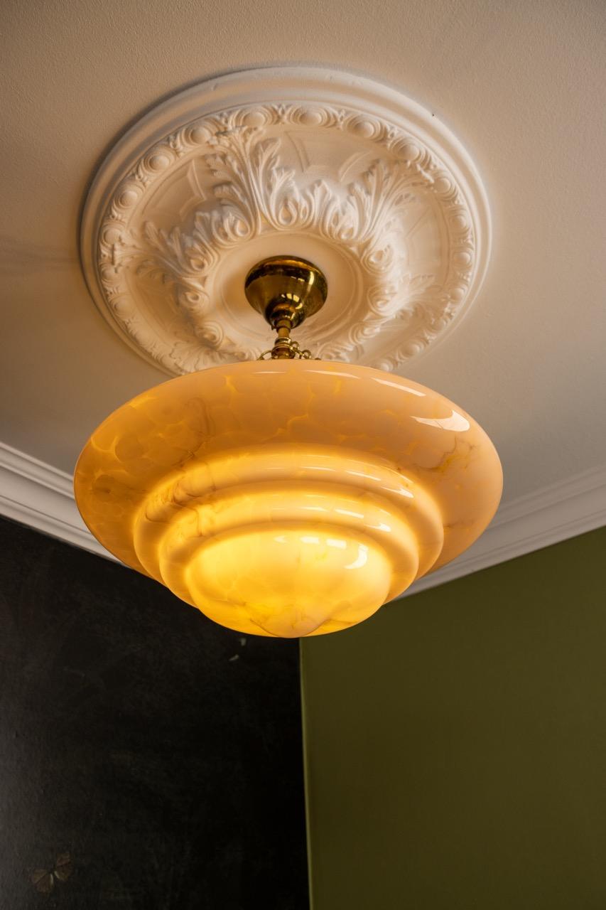 Art Deco Style Layered Marbled Beige Pink Glass and Brass Pendant Light 3