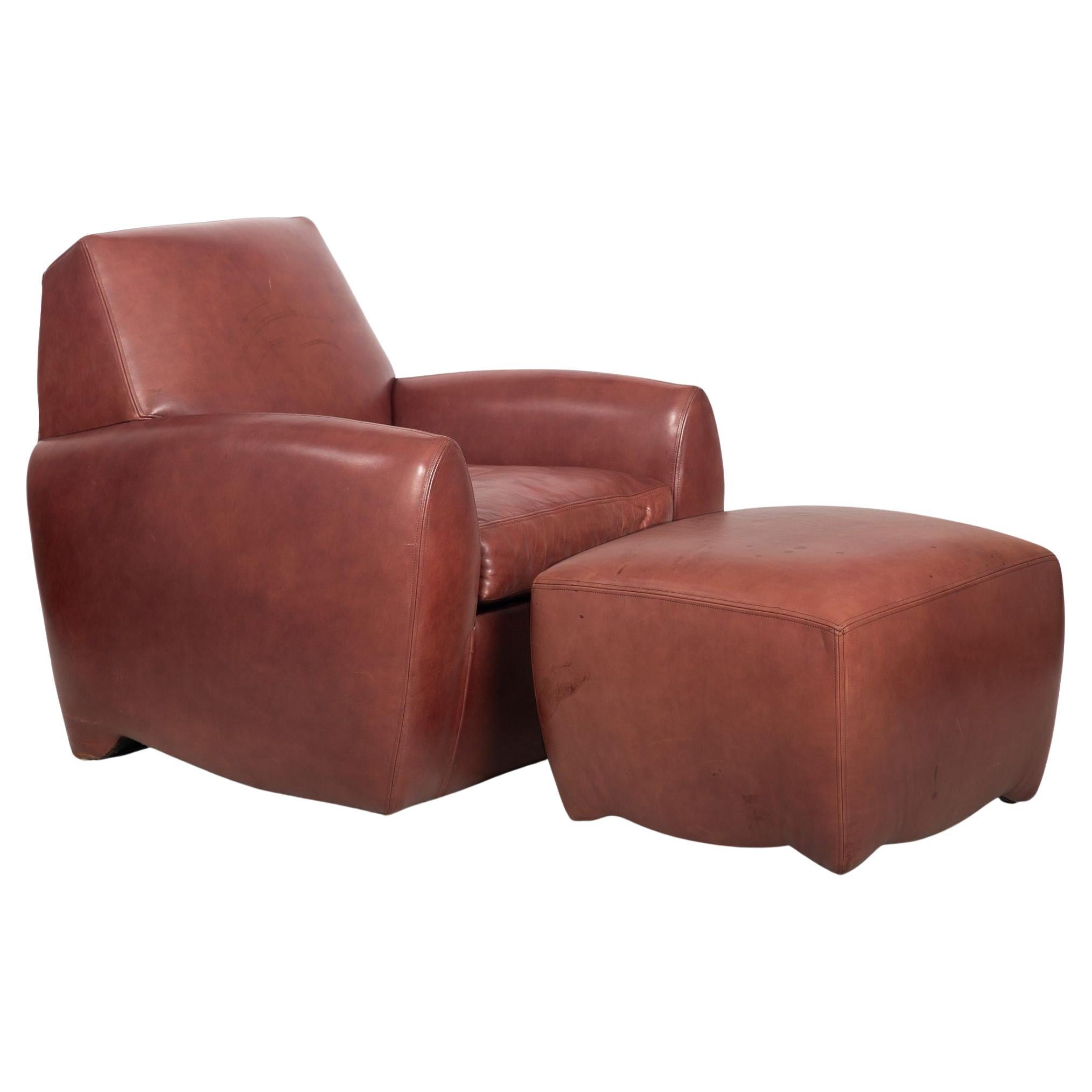 Art Deco Style Leather “Ke-Zu” Club Chair & Ottoman by Dakota Jackson