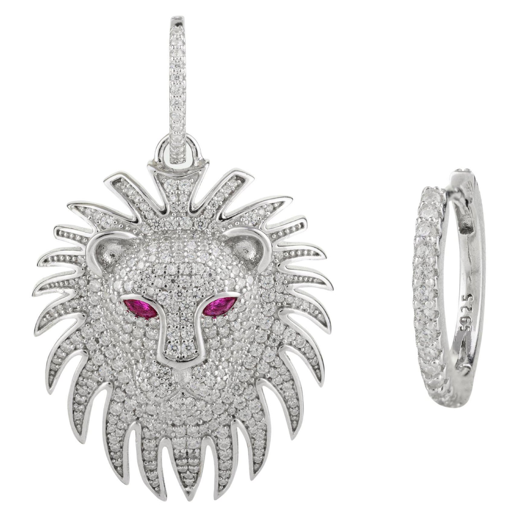 Art Deco Leo Löwe Charm Strass Creolen für Mom in 925 Sterlingsilber für Mutter im Angebot
