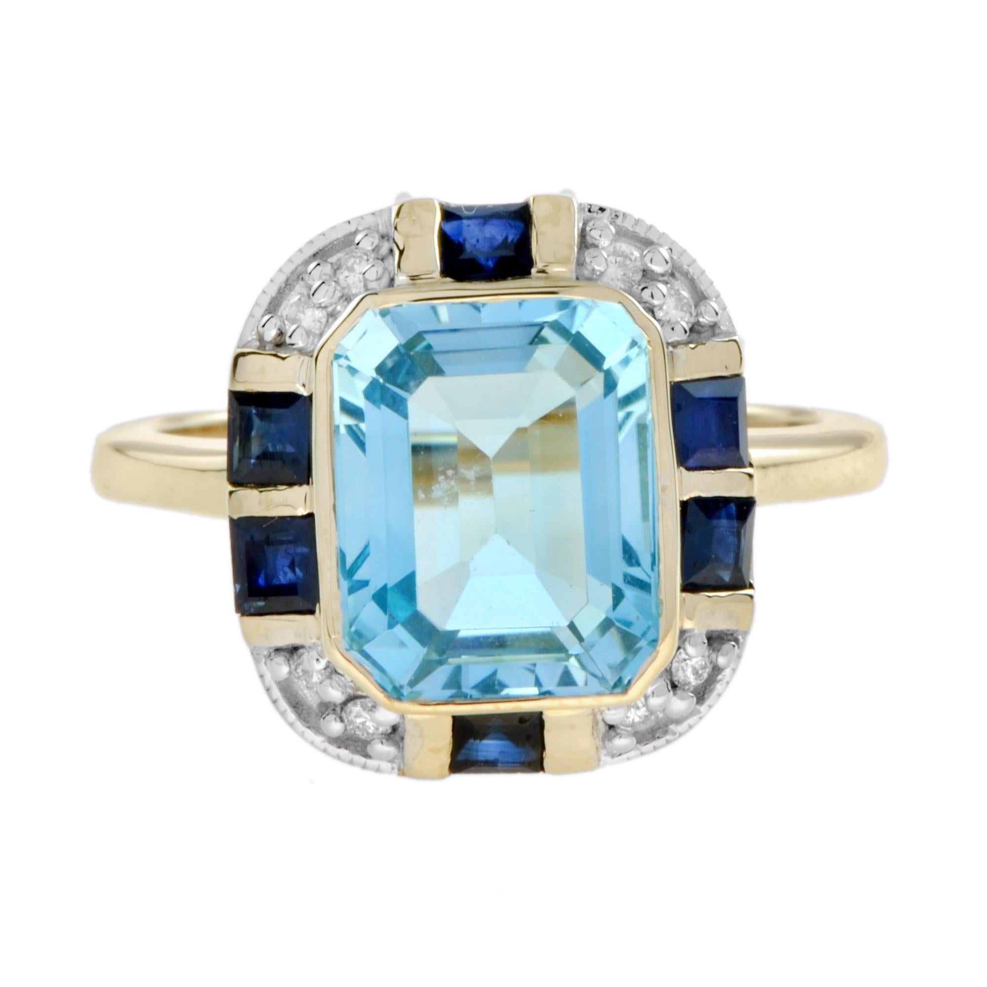 Cette bague ne manquera pas de susciter de vives passions par ses teintes saisissantes, l'utilisation des tons clairs et foncés des bleus. La topaze bleue, le saphir bleu, l'or blanc étêté et les diamants d'accentuation forment une bague authentique