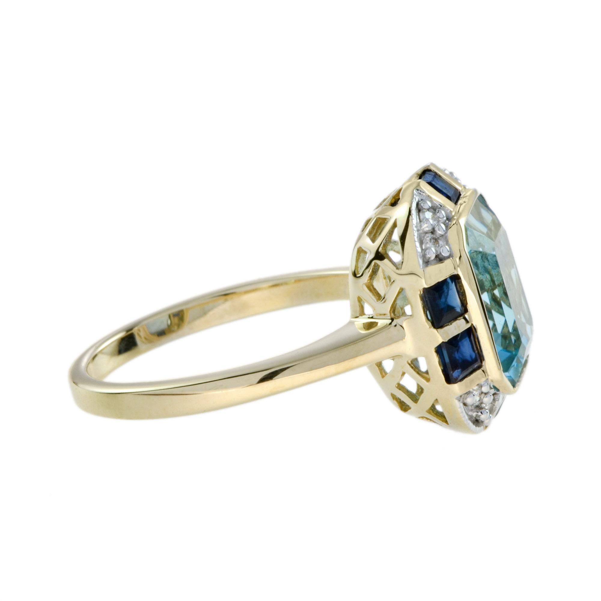 Art déco Bague bouclier en or jaune de style Art Déco, topaze bleue, saphir et diamant en vente