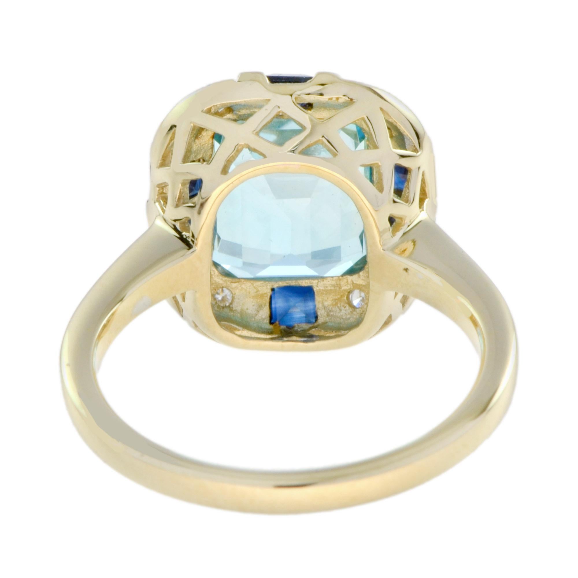 Taille octogone Bague bouclier en or jaune de style Art Déco, topaze bleue, saphir et diamant en vente