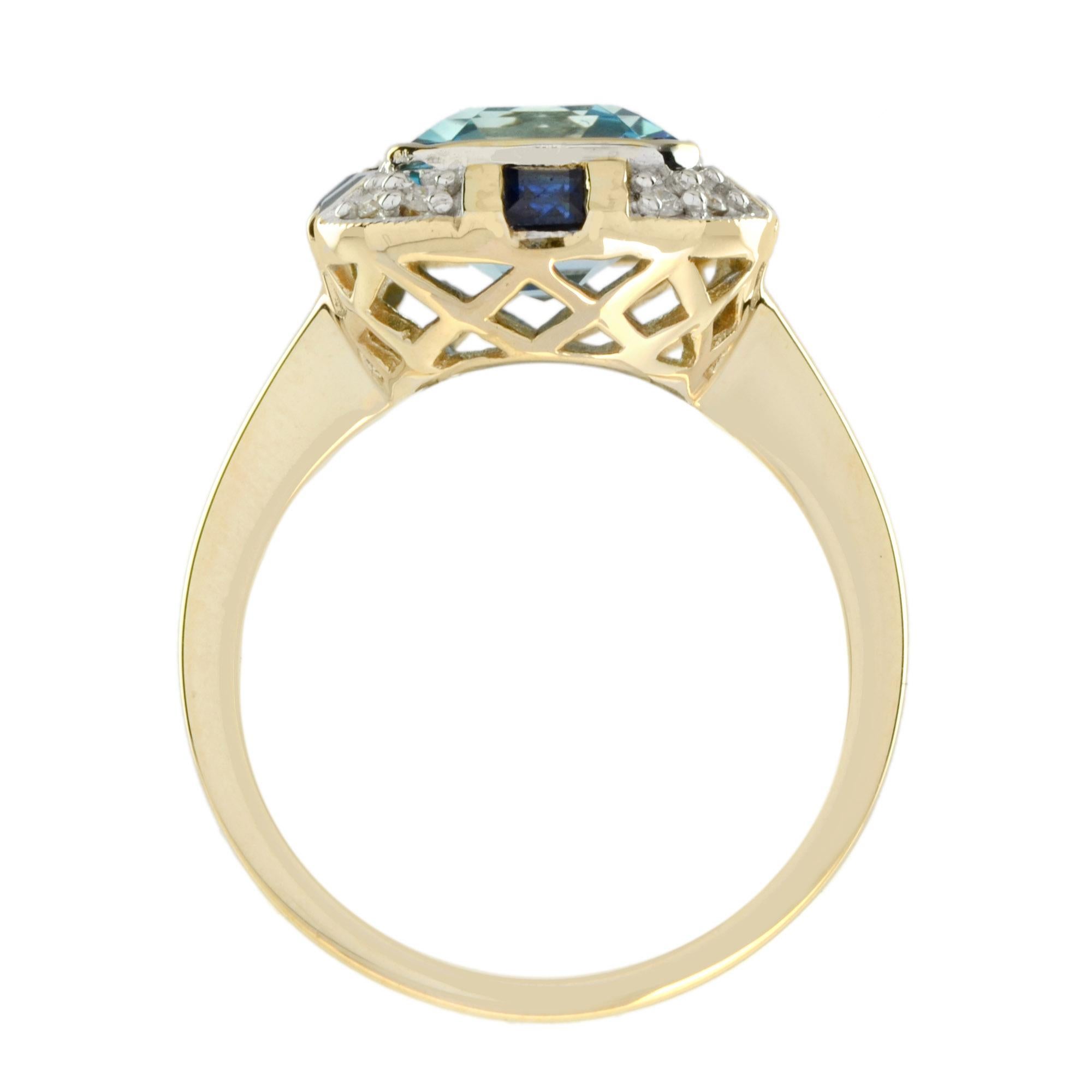 Bague bouclier en or jaune de style Art Déco, topaze bleue, saphir et diamant Neuf - En vente à Oakton, VA