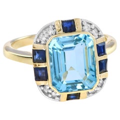 Art Deco Style Light Blue Topaz Sapphire & Diamond Yellow Gold Shield Ring