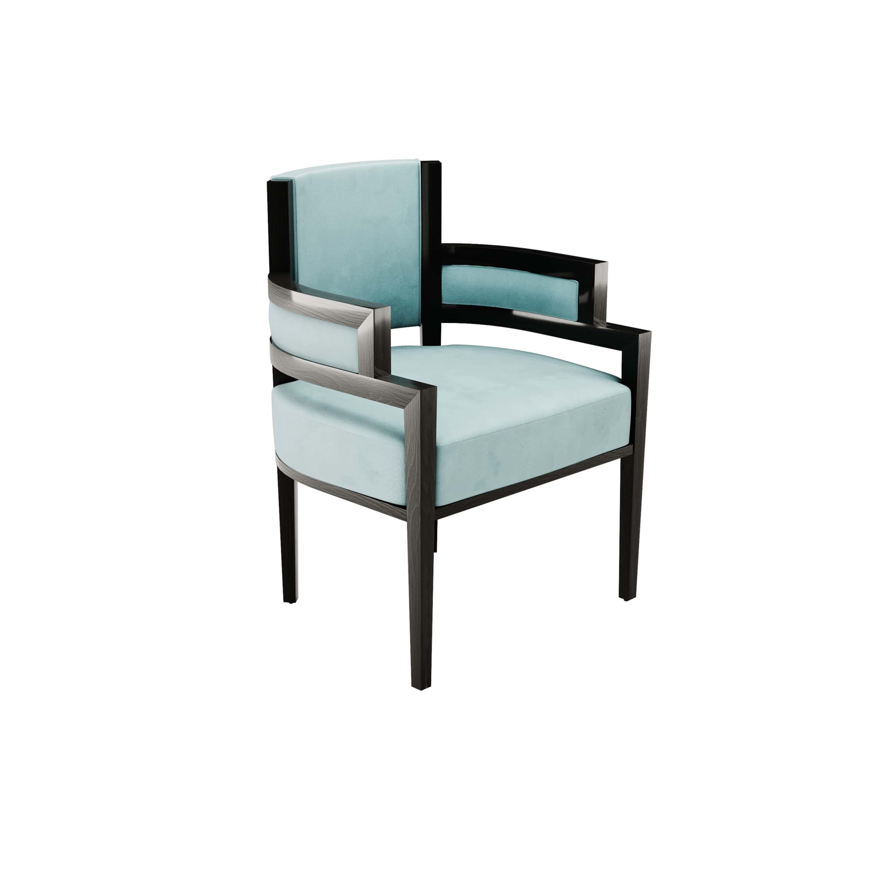 Pina Chair is an art deco-style dining chair whose shape provides the best comfort for guests—upholstered in velvet with a modern wood structure. Perfect for modern dining room projects that aim for a classic-chic vibe.

Materials: Upholstered in