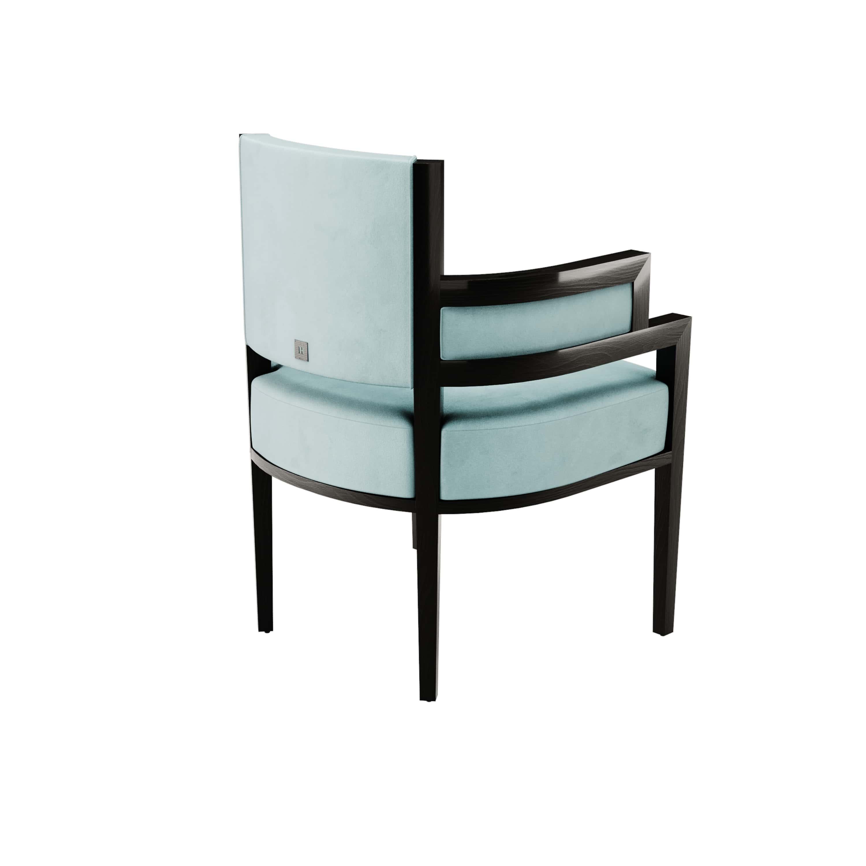 Portuguese Art Deco Style Light Blue Velvet Upholstery Chair Dining Room Chair For Sale