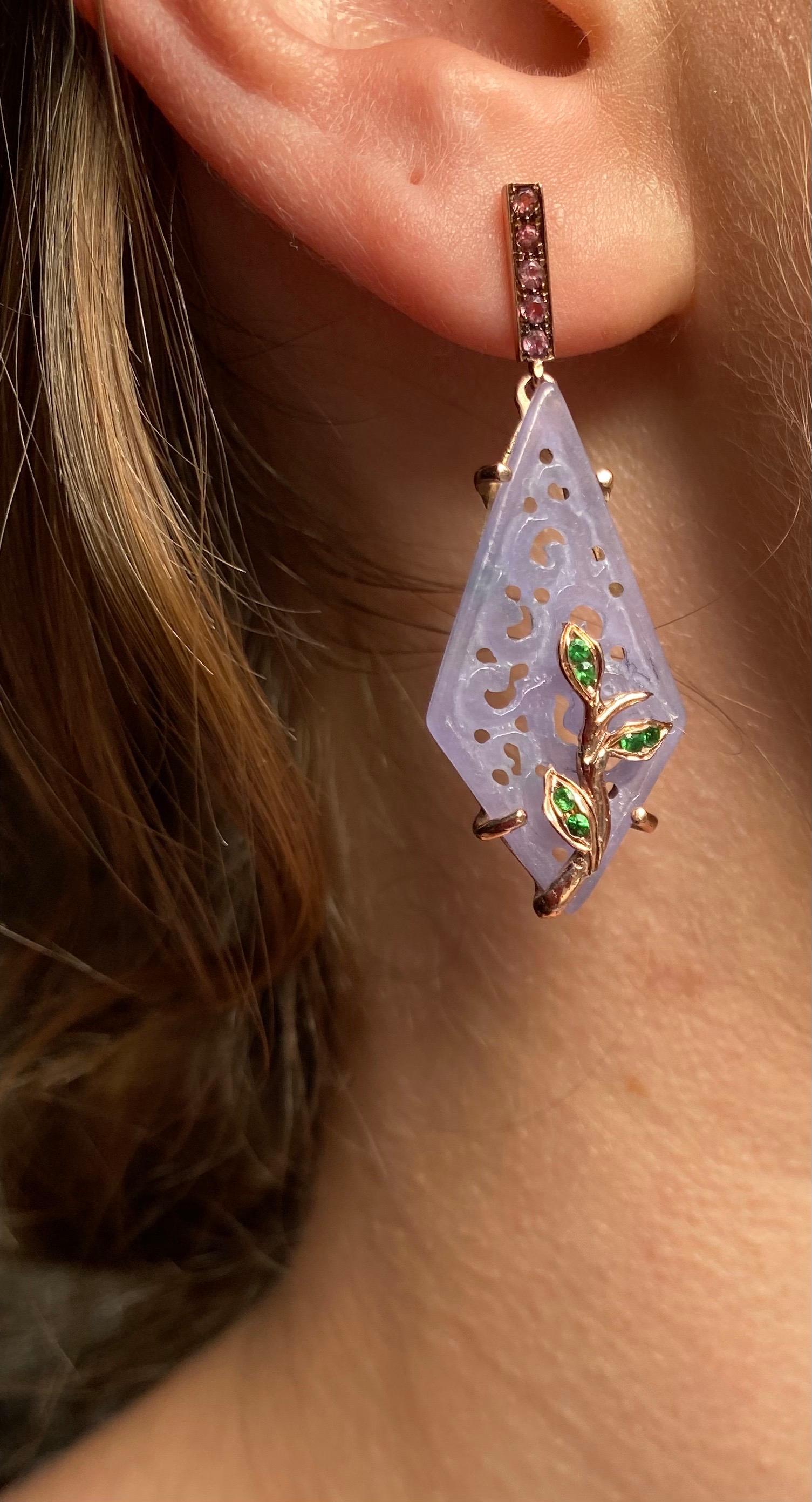 Boucles d'oreilles de style Art déco en or, quartz rose, tourmaline et tsavorite de couleur pourpre Pour femmes en vente