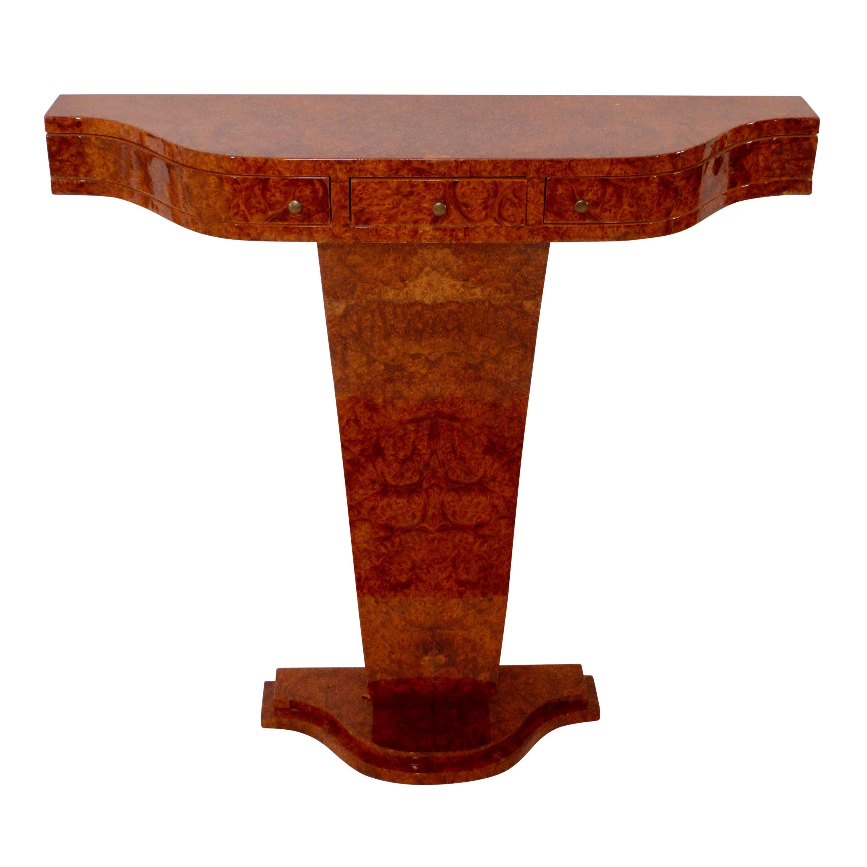 Art Deco Style Little Waved Console Table with Drawers in Amboina Burl Wood