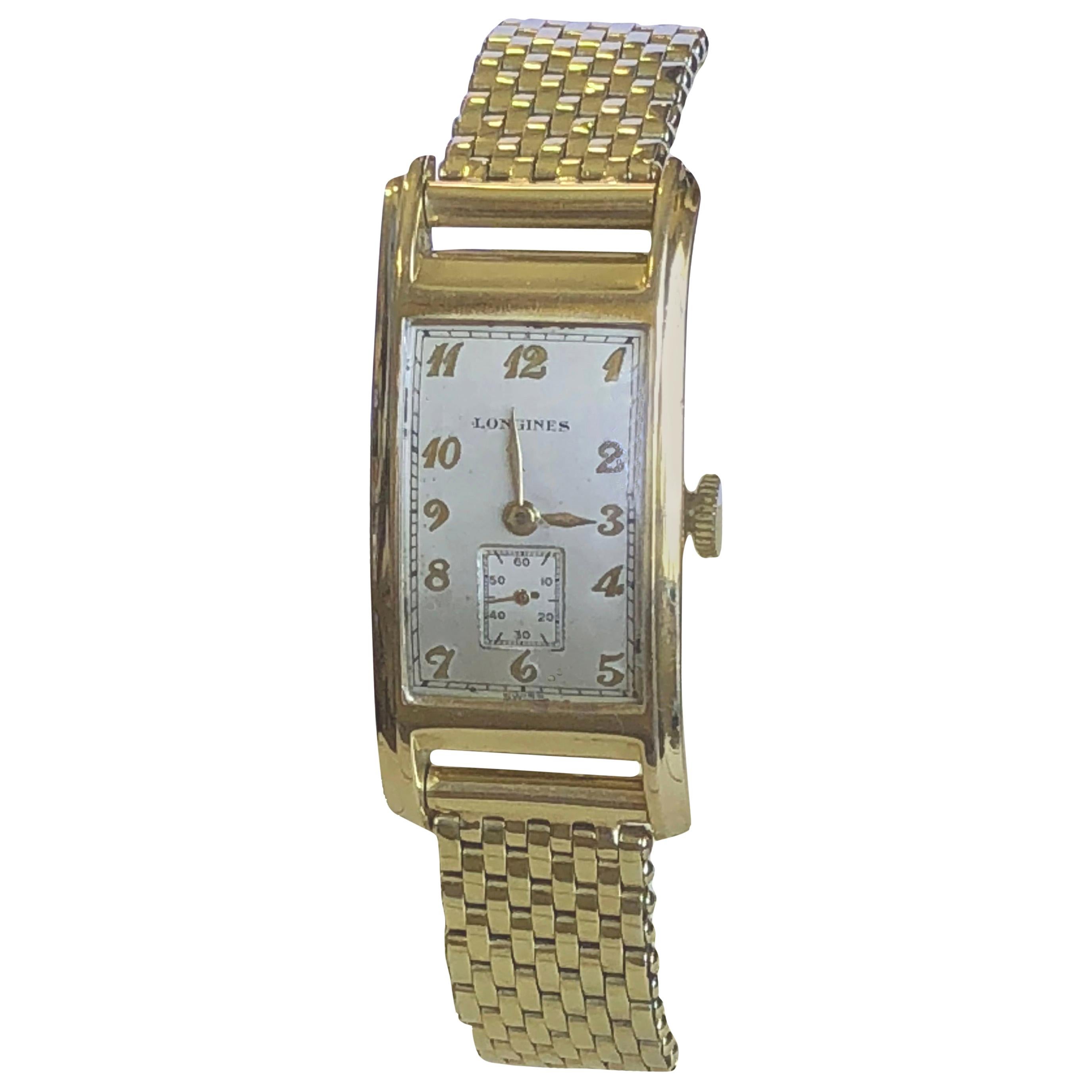 Art Deco Style Longines 14-Karat Yellow Gold Bracelet Watch, 1943