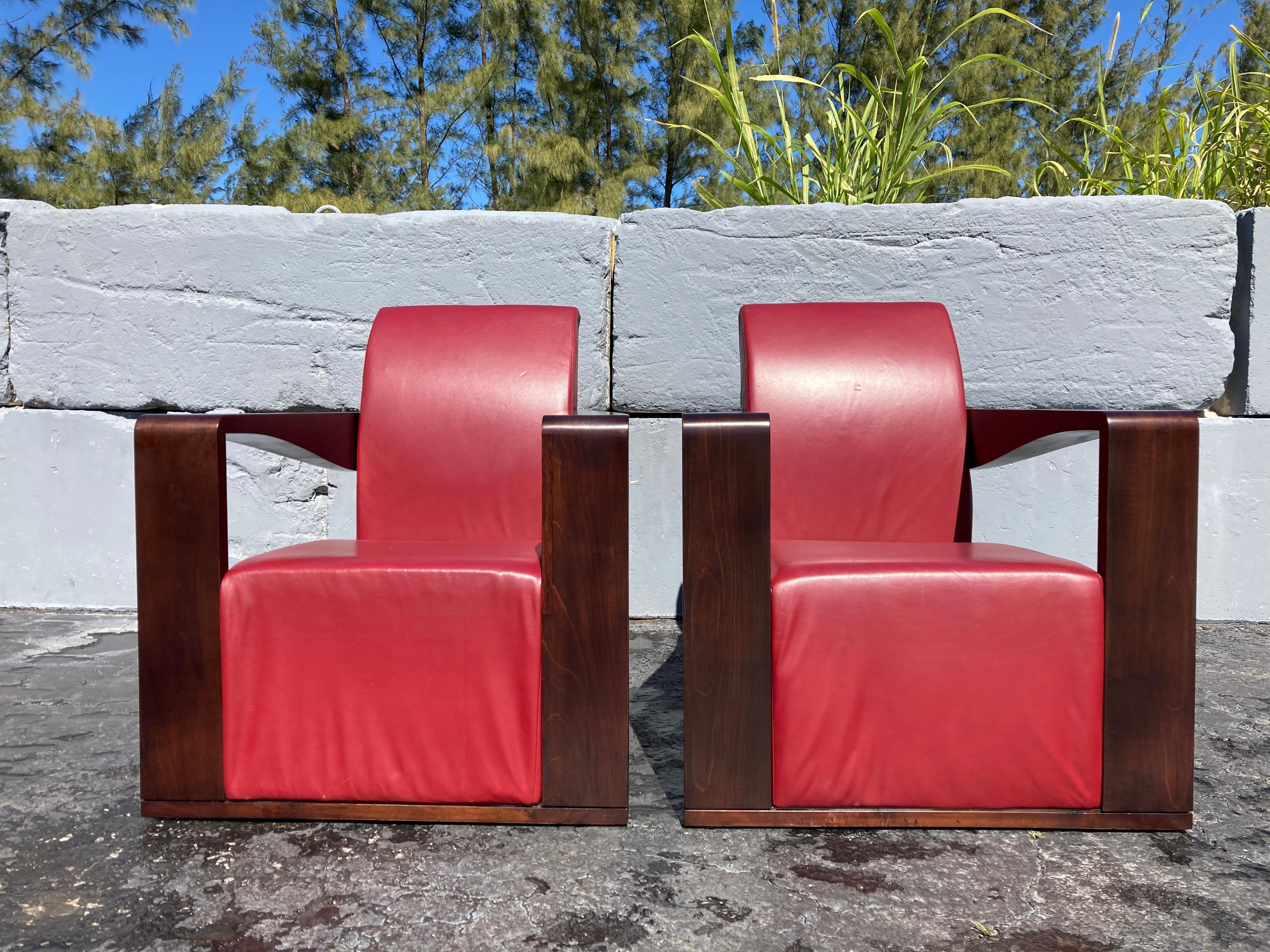 American Art Deco Style Lounge Chairs, Red Leather For Sale