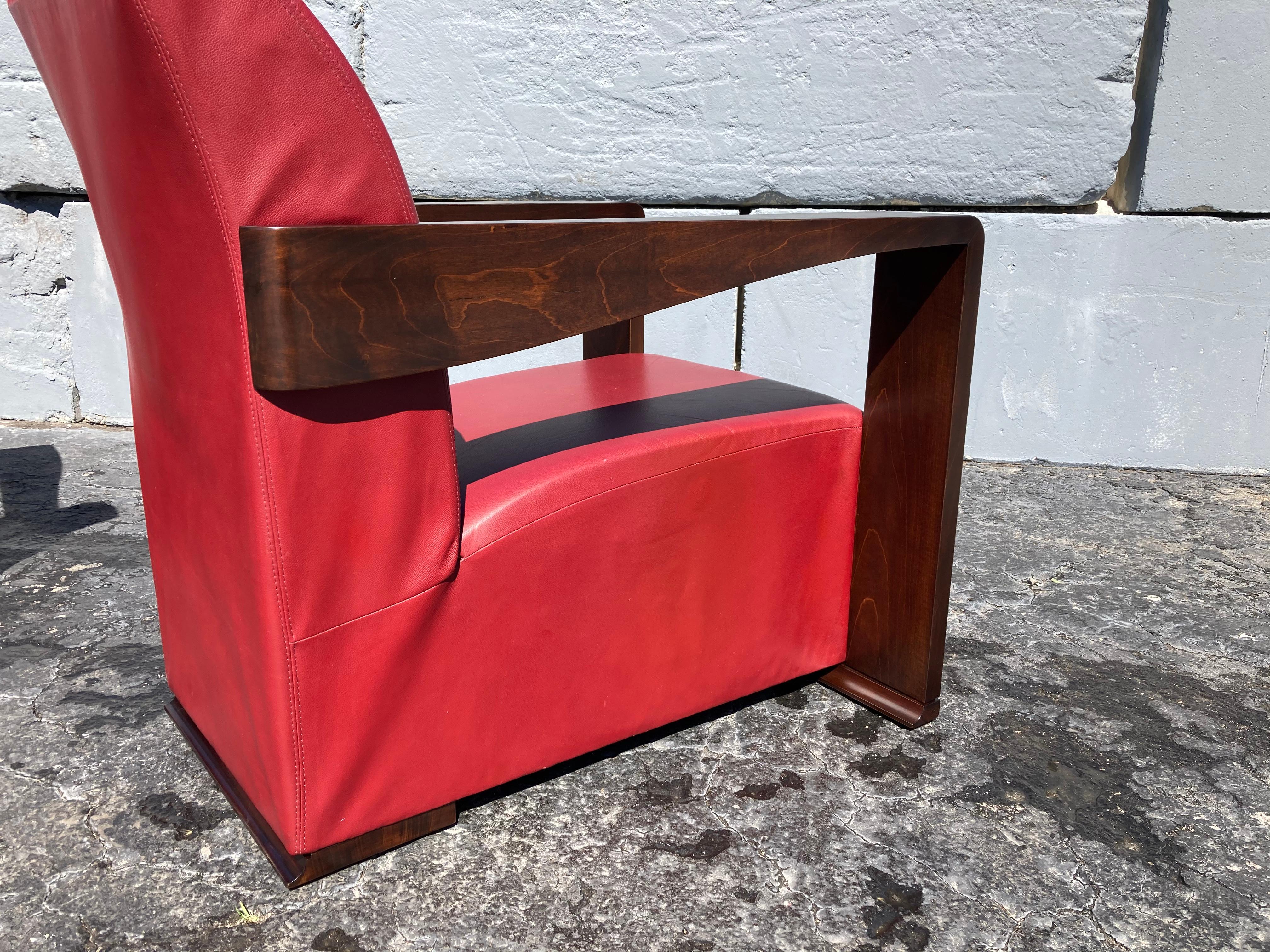 Art Deco Style Lounge Chairs, Red Leather In Good Condition For Sale In Miami, FL