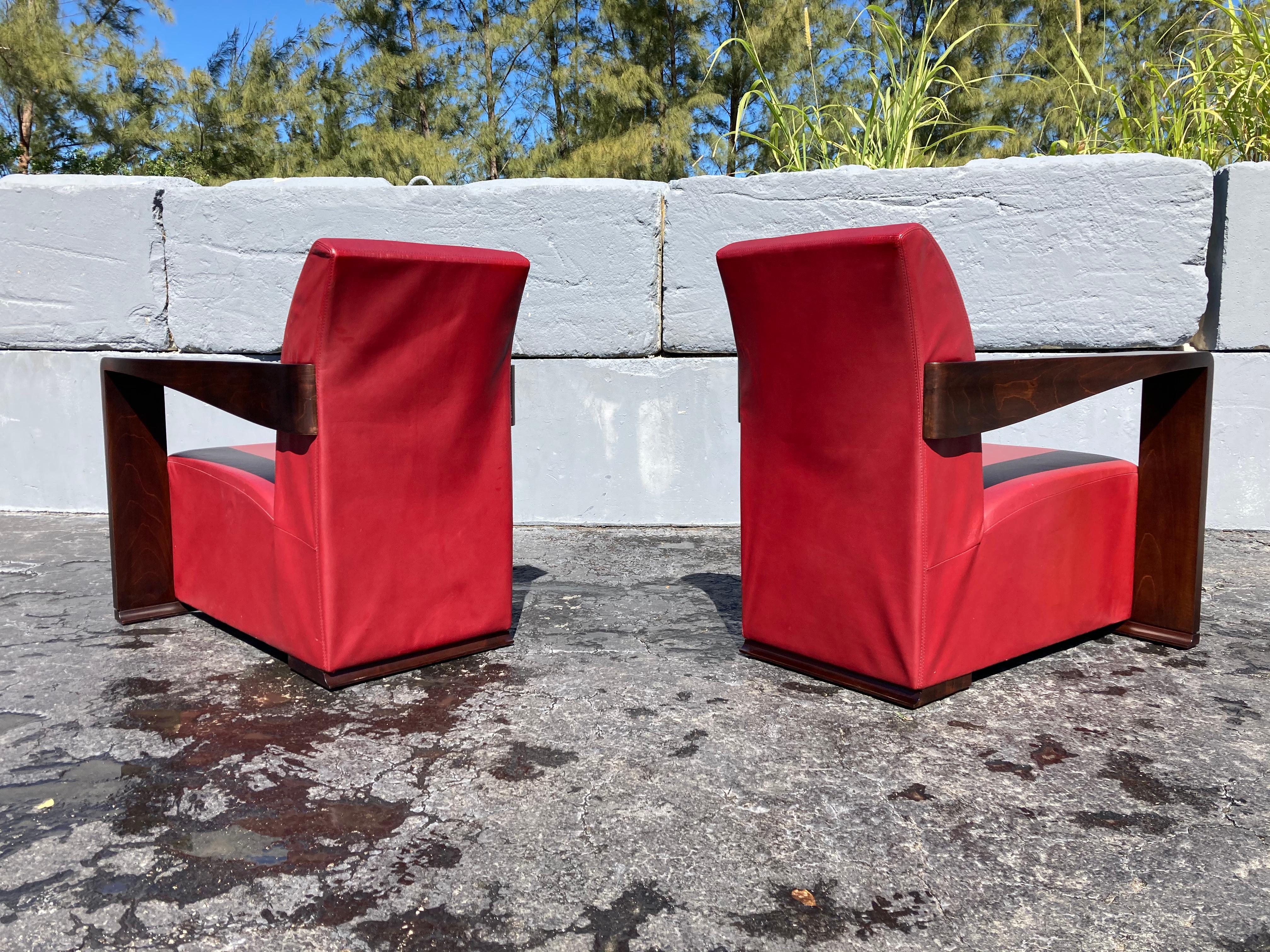 Late 20th Century Art Deco Style Lounge Chairs, Red Leather For Sale