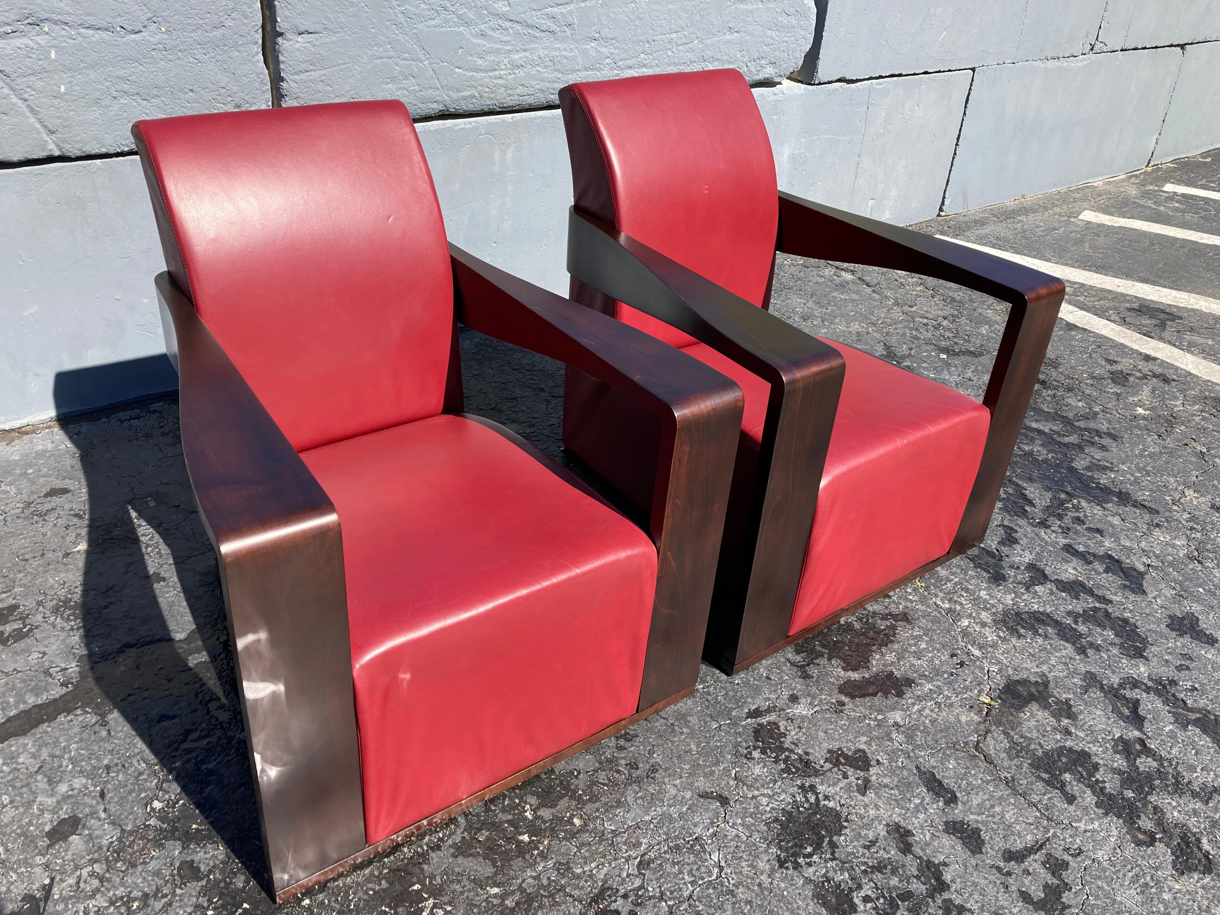 Art Deco Style Lounge Chairs, Red Leather For Sale 1