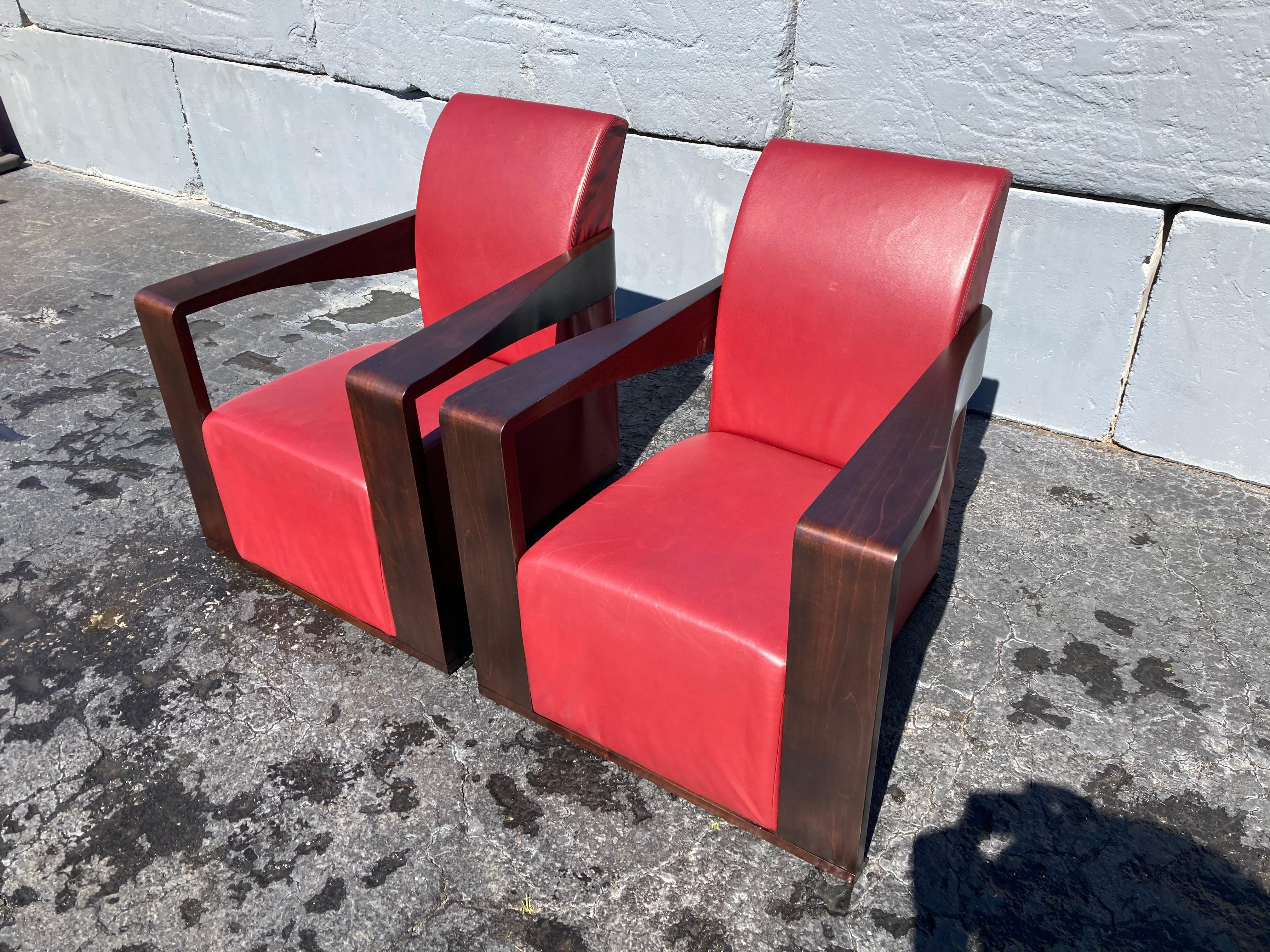 Art Deco Style Lounge Chairs, Red Leather For Sale 2