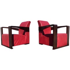 Retro Art Deco Style Lounge Chairs, Red Leather