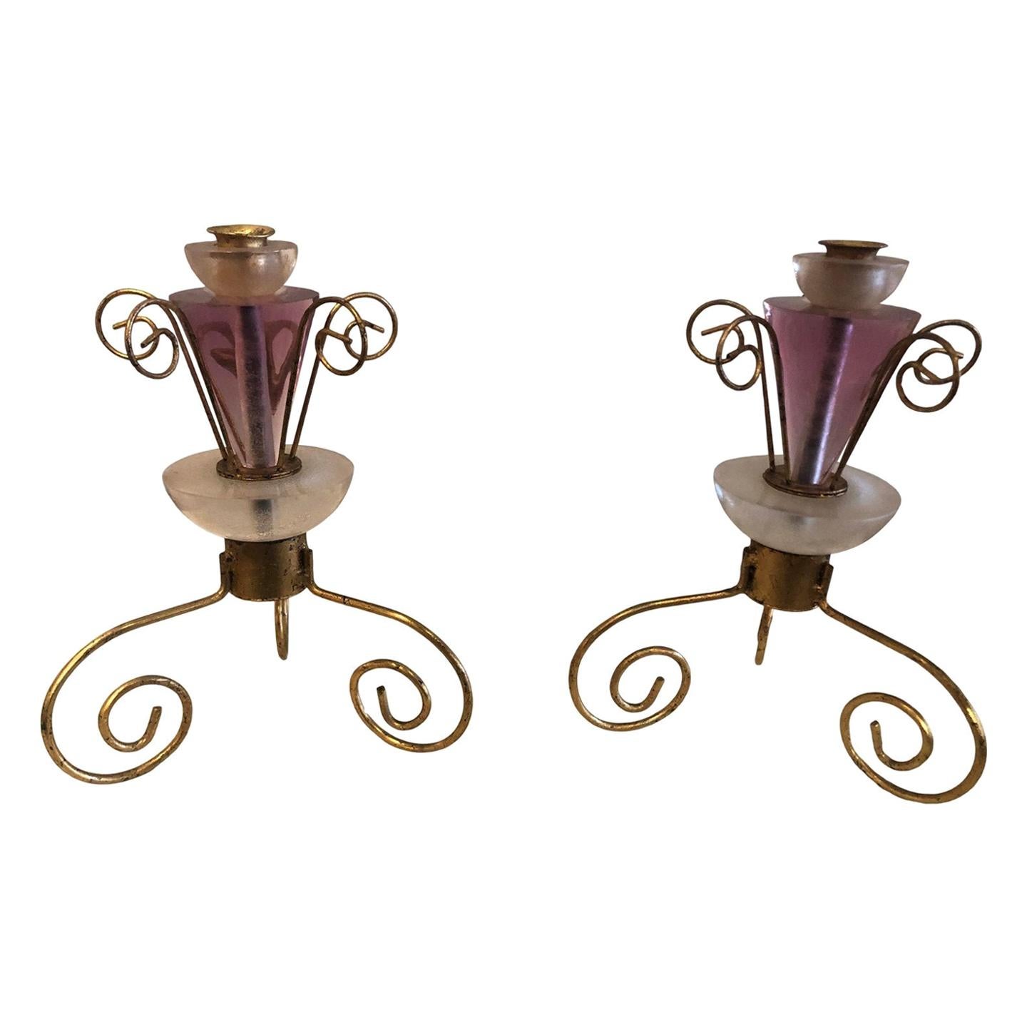 Art Deco Style Lucite and Gilt Metal Candlestick, a Pair For Sale