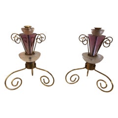 Art Deco Style Lucite and Gilt Metal Candlestick, a Pair