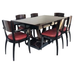 Art Deco Style Macassar Ebony Dining Table and 6 Chairs, Black Lacquered