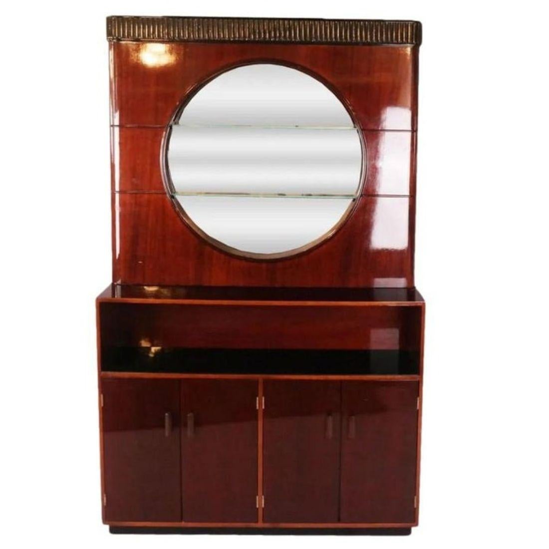 Art Deco style mahogany cabinet and bar suite features a tall display cabinet with round center mirror and shelves, bar storage in a matching base cabinet, and a coordinating freestanding bar, all crafted in a rich, high-gloss lacquered finish that